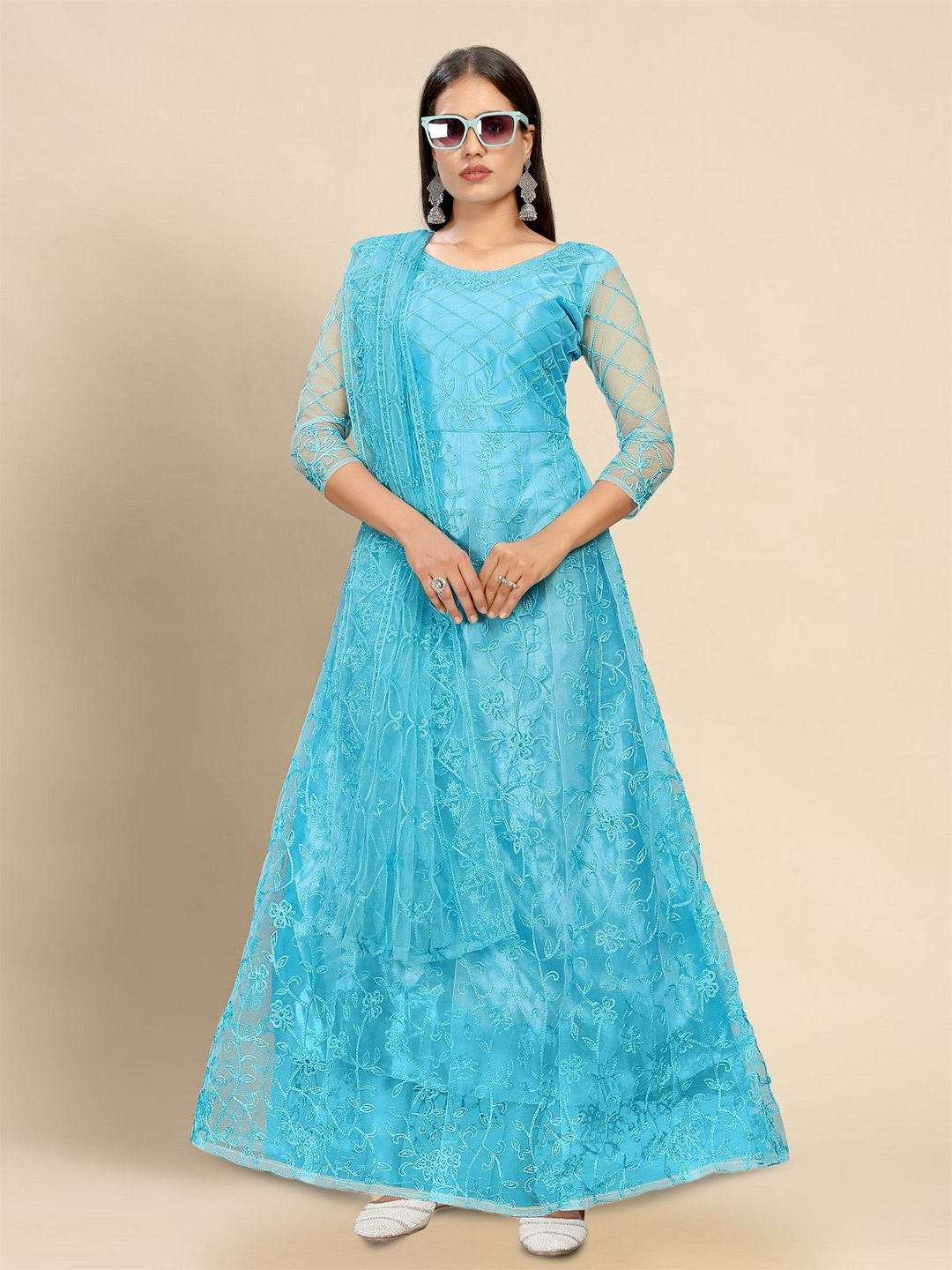 

LADY SHOPI Women Floral Embroidered Net Maxi Ethnic Dresses With Dupatta, Turquoise blue