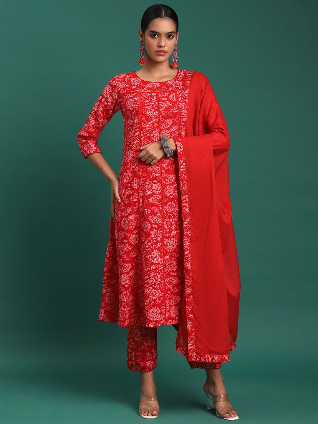

Sangria Red & White Floral Printed Pure Cotton A-Line Kurta With Trousers & Dupatta