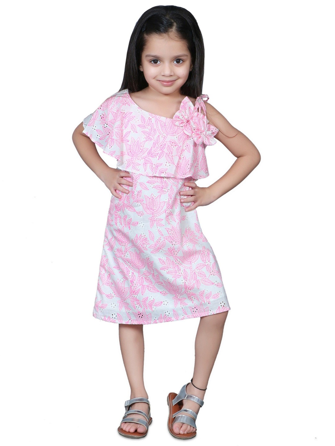 

EthIndia Girls Floral Printed One Shoulder Fit & Flare Dress, Pink