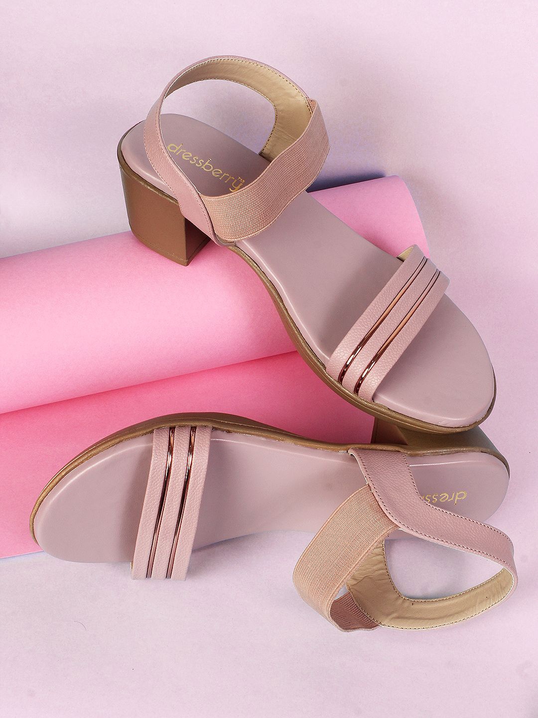 

DressBerry Striped Open Toe Block Heel Sandals, Nude