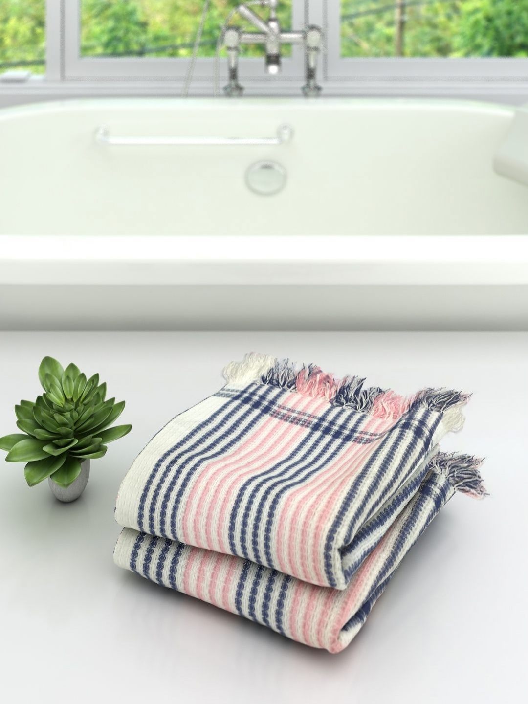 

Aura Navy Blue & Pink 2 Pieces Striped Cotton 210 GSM Bath Towels