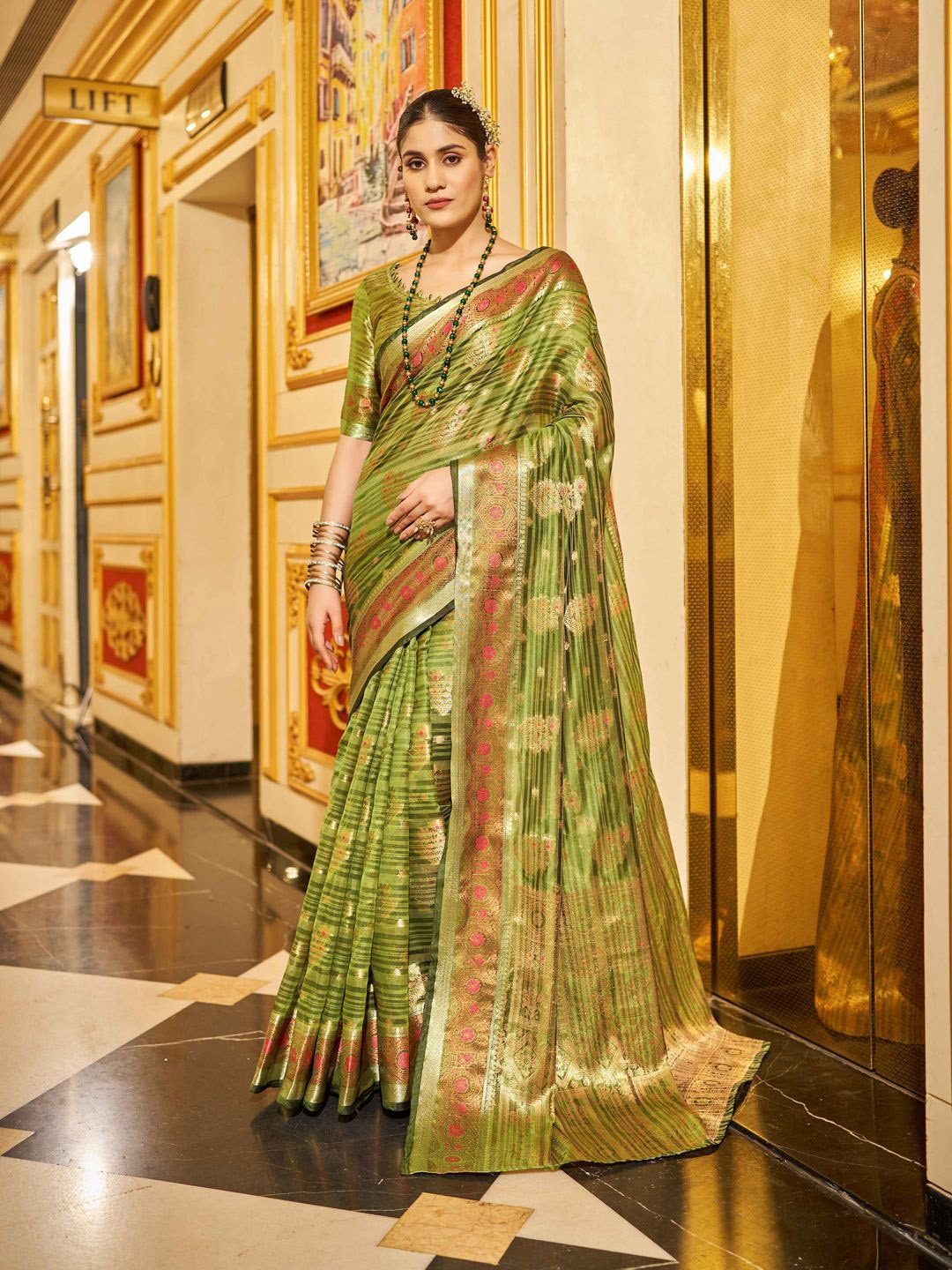 

Krimmple Woven Design Party Zari Organza Saree, Olive