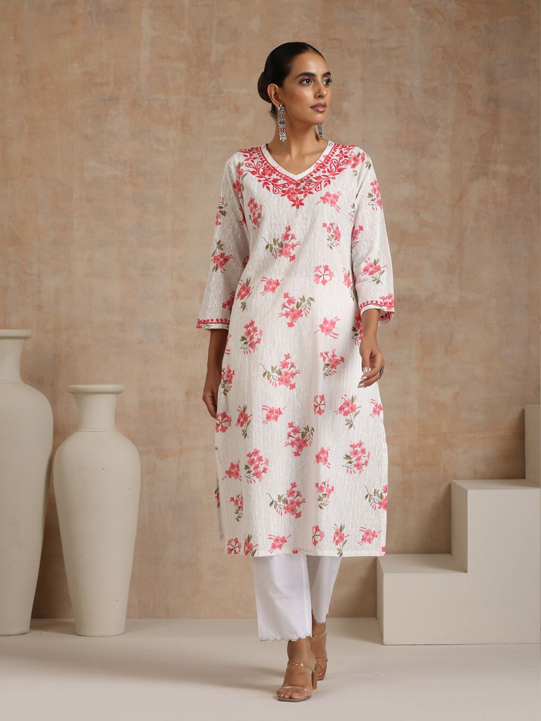 

House of Chikankari Chikankari Printed Kurta, White