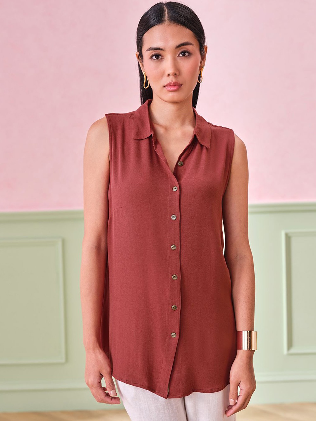 

AND Women Solid Shirt Collar Top, Rust