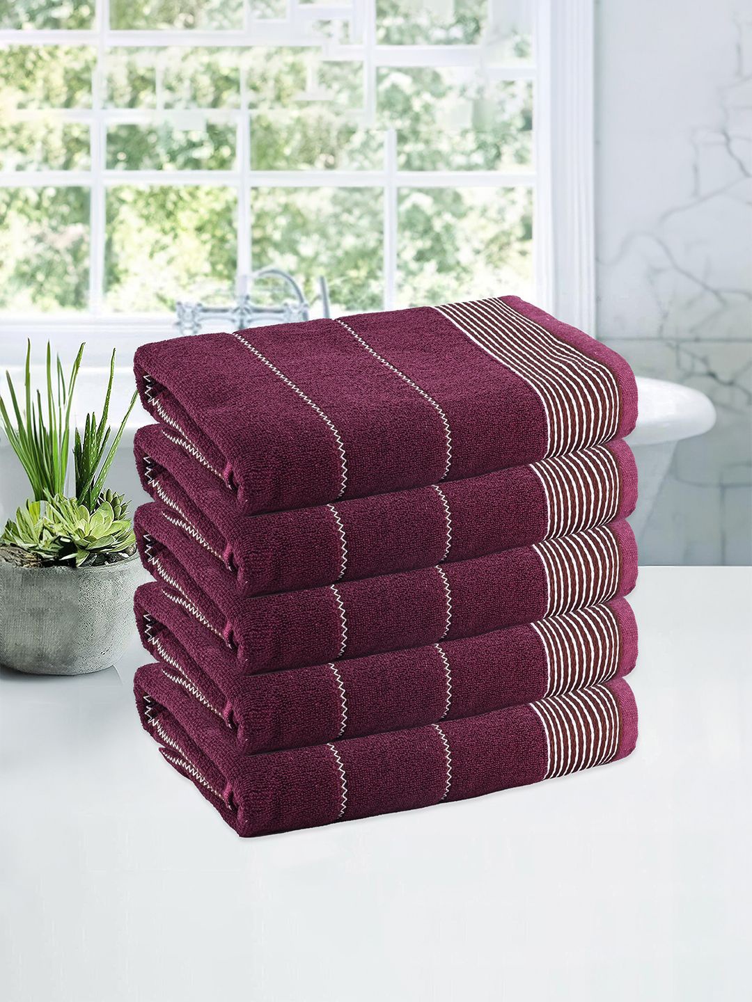 

Kuber Industries Maroon & White 5 Pieces Striped Cotton 450 GSM Bath Towel