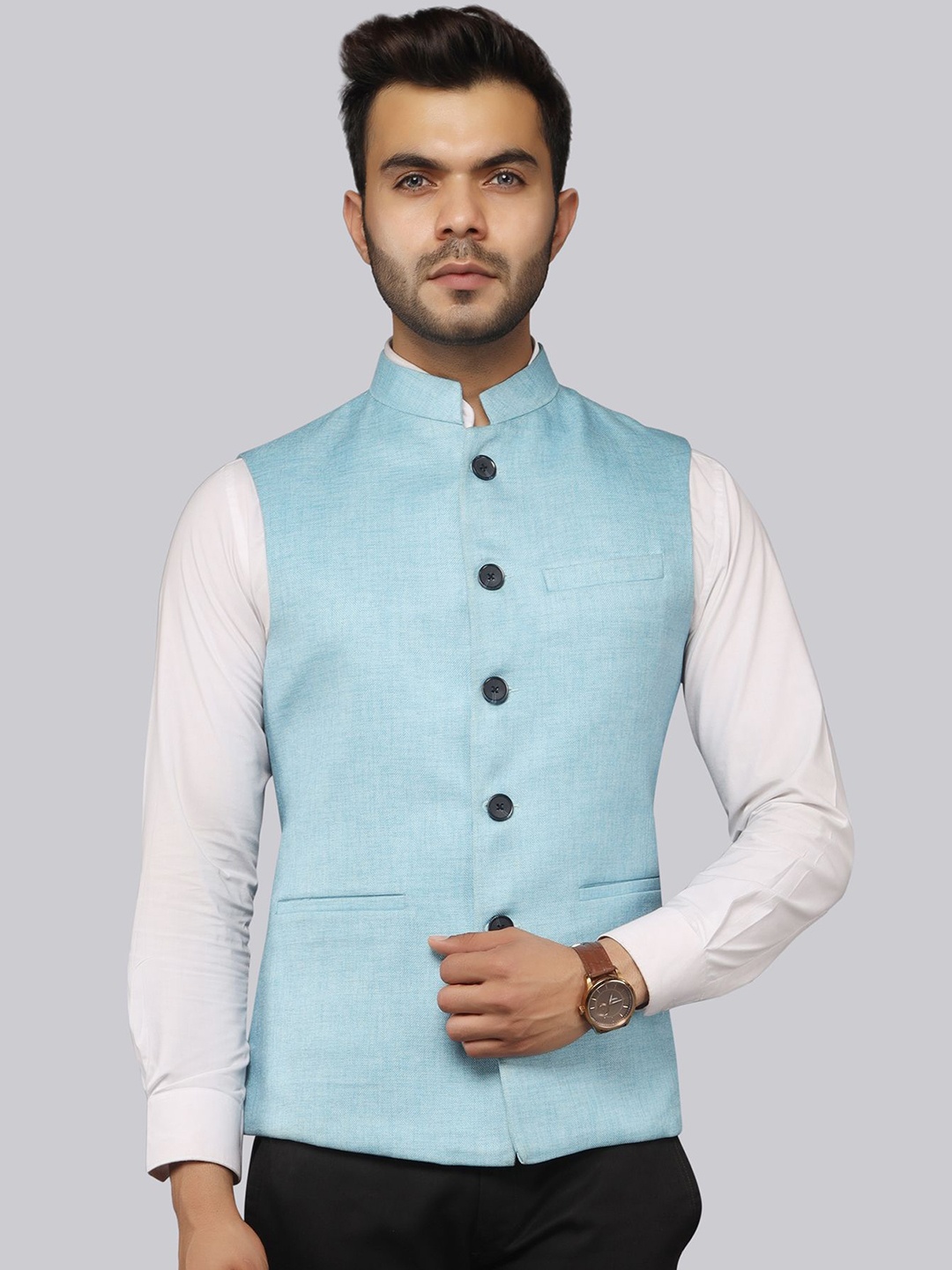 

LA'SCOOT Mandarin Collar Linen Nehru Jacket, Blue