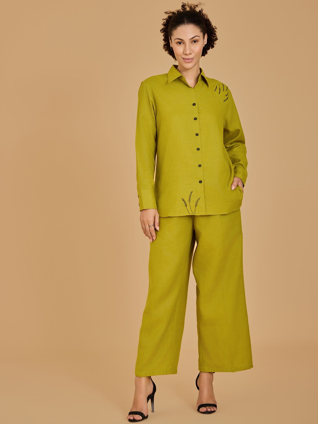 

Urban Sundari Leaf Embroidered Pure Cotton Shirt With Trousers, Green