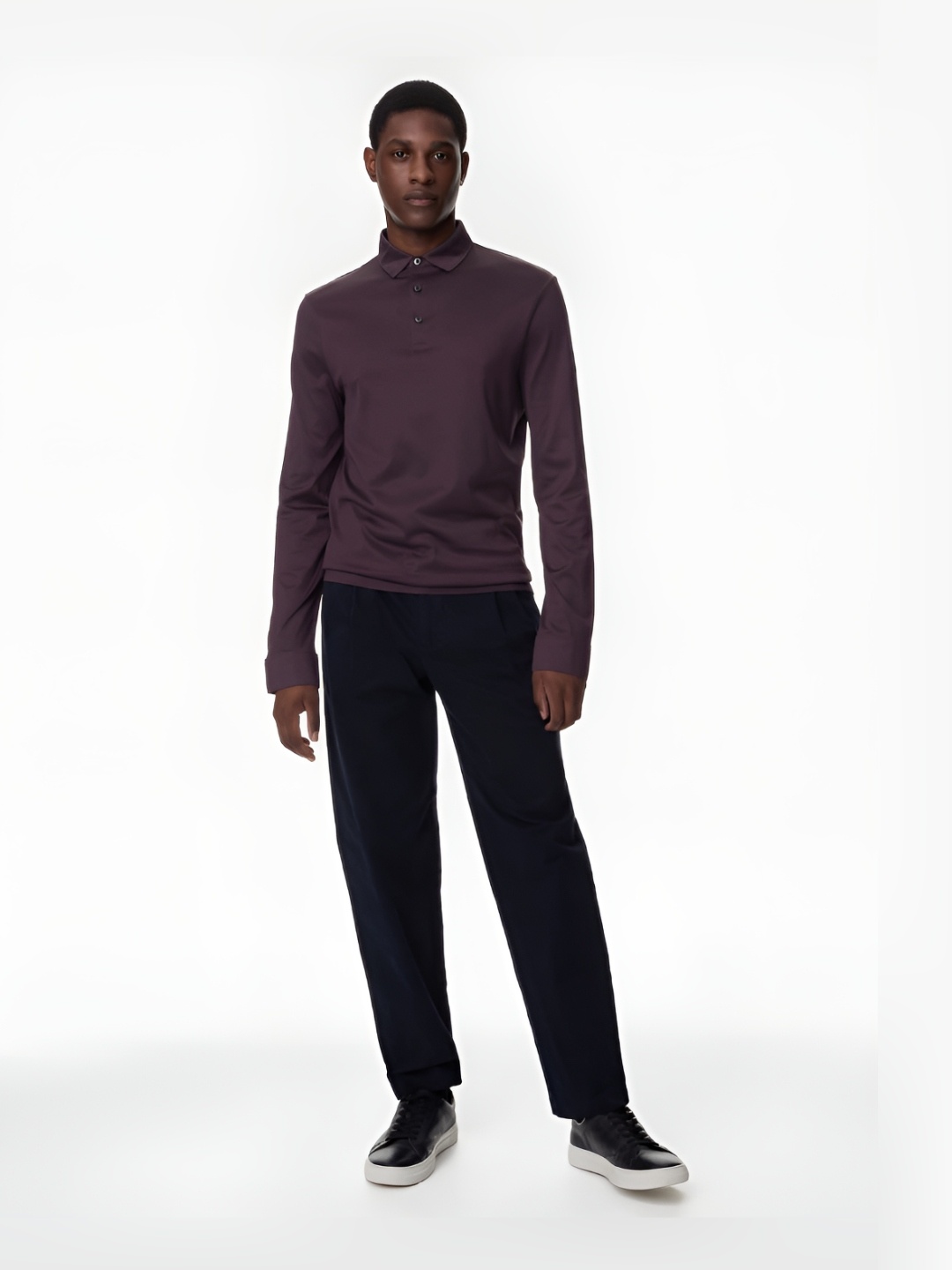 

Marks & Spencer Men Striped High Neck Cotton T-Shirt, Purple