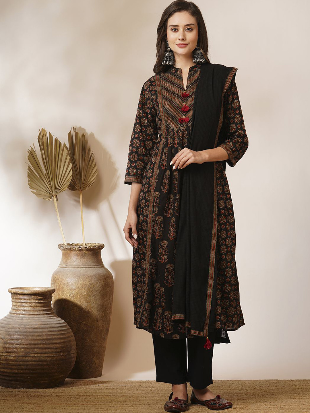 

FASHOR Floral Printed Sequinned Pure Cotton A-Line Kurta With Trousers & Dupatta, Black