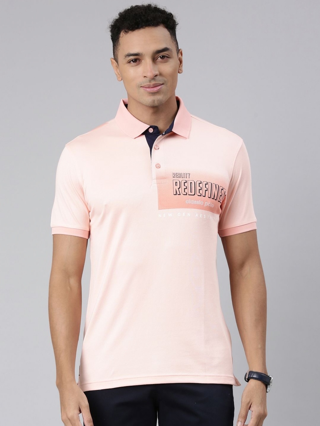 

Classic Polo Men Typography Printed Polo Collar Cotton Slim Fit T-shirt, Peach
