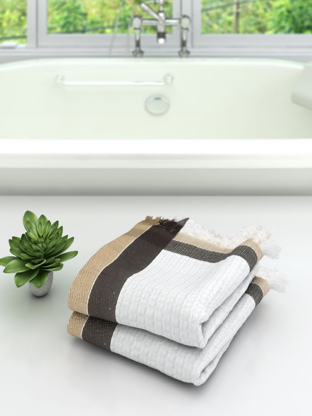 

Aura White & Beige 2 Pieces Checked Pure Cotton 210 GSM Bath Towels