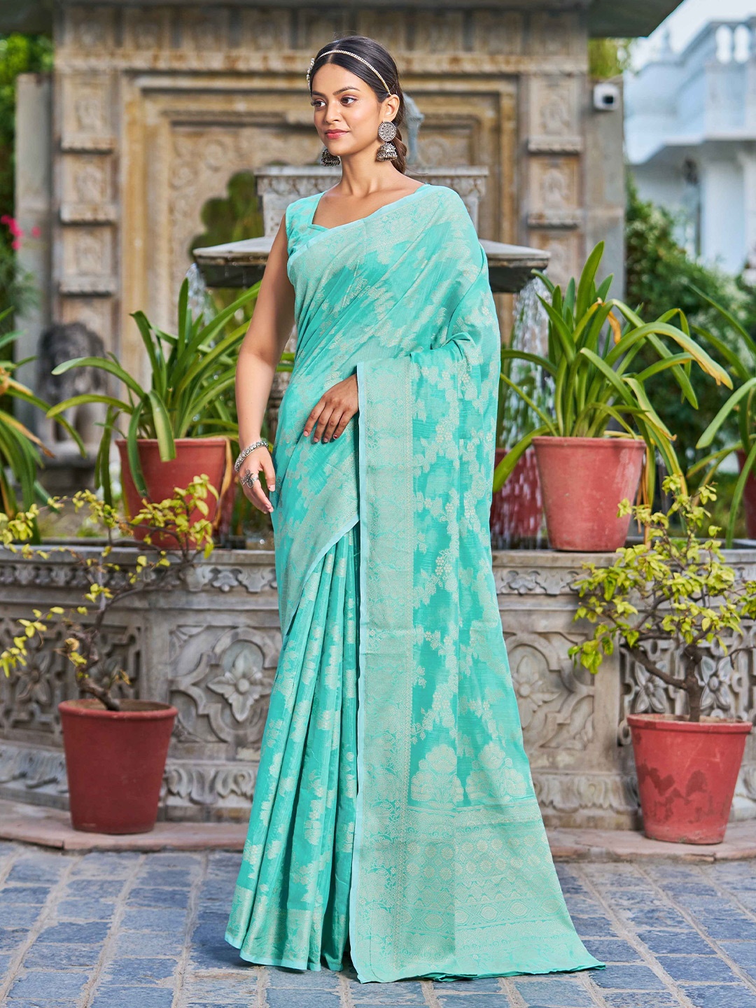 

Krimmple Ethnic Motifs Woven Design Saree, Turquoise blue