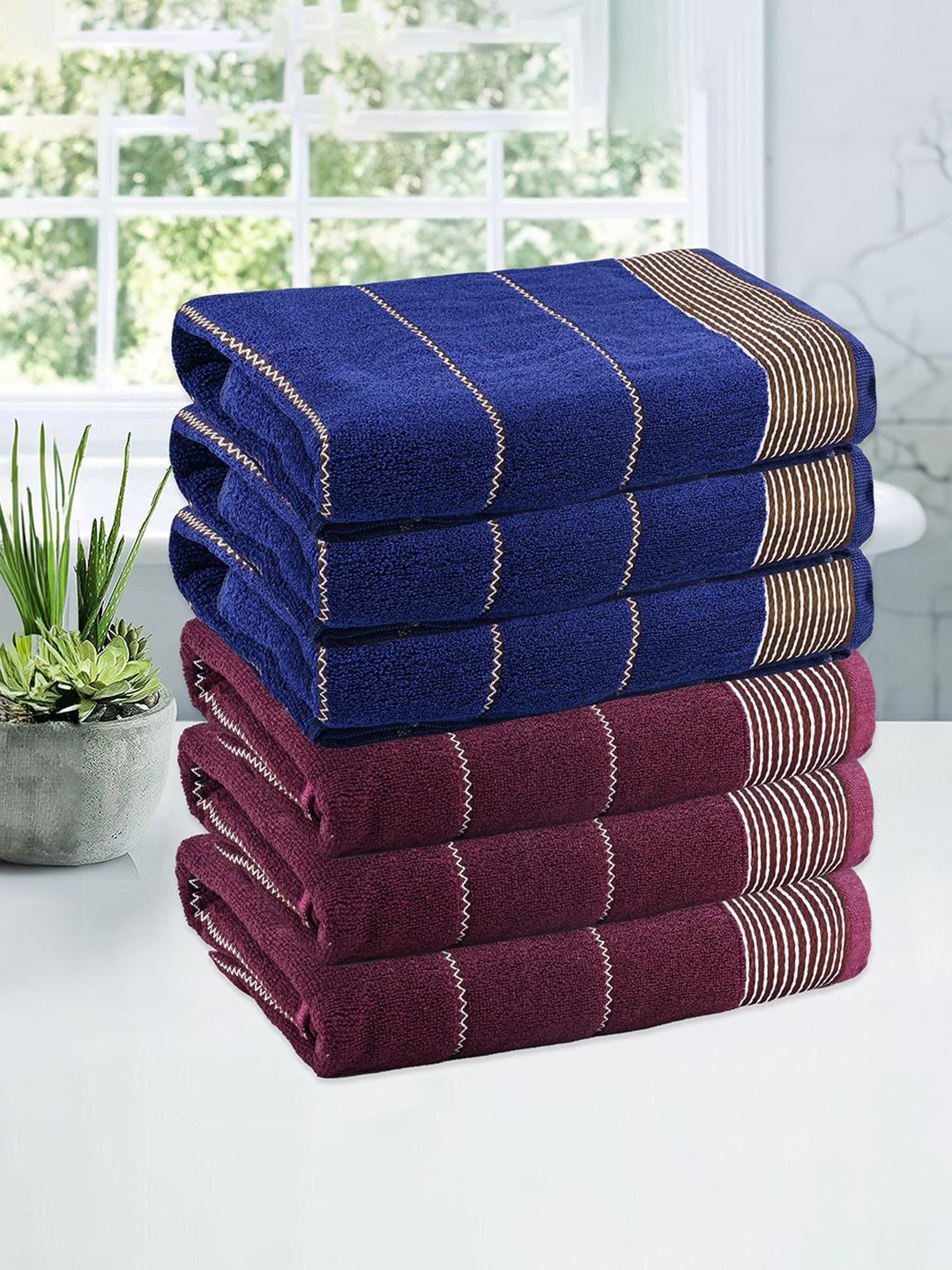 

Kuber Industries Maroon & Blue 6 Pieces Striped Cotton 450 GSM Bath Towel