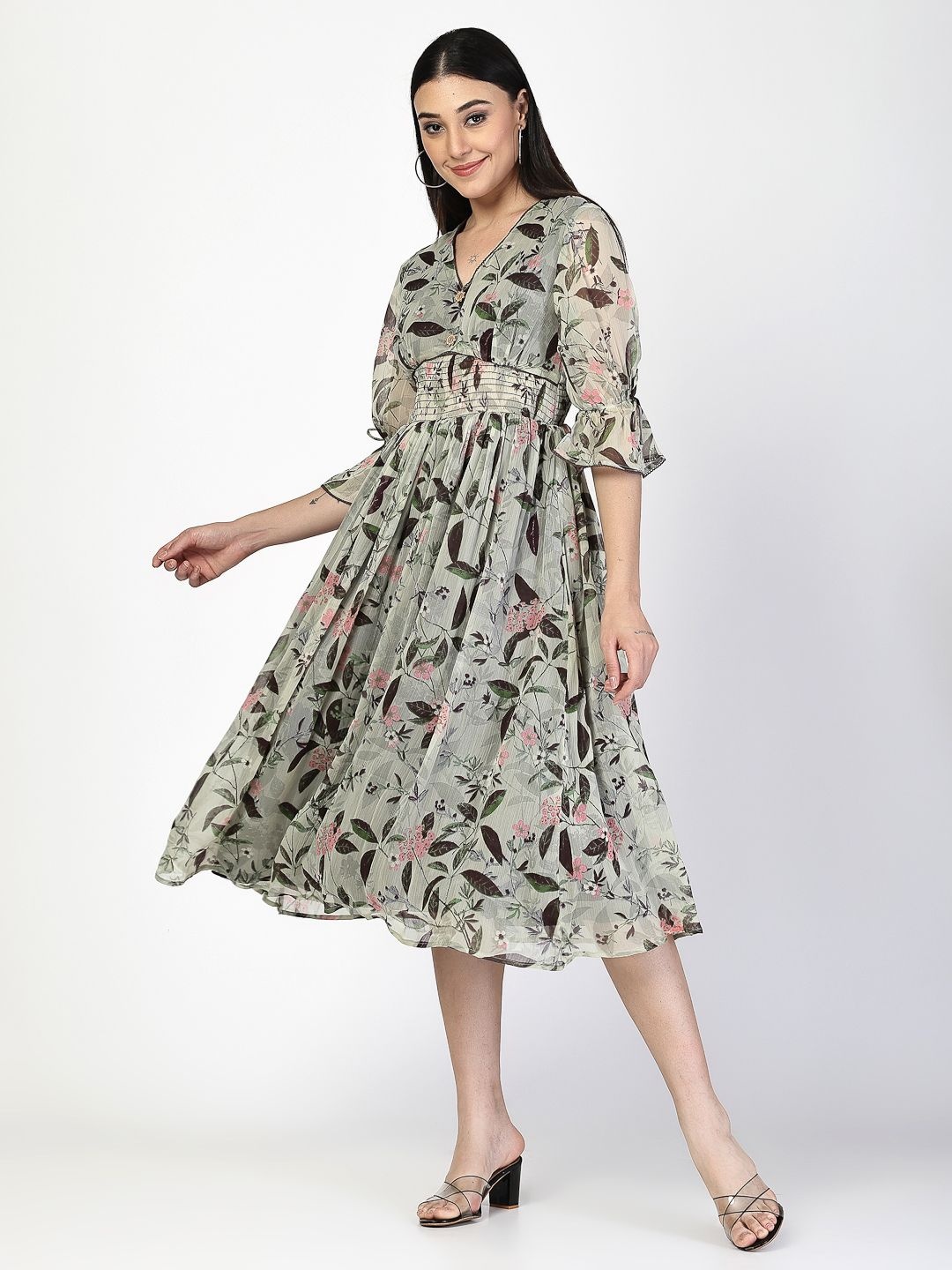 

COSMIC TRIO Floral Print Chiffon Fit & Flare Flare Sleeves Midi Dress, Sea green