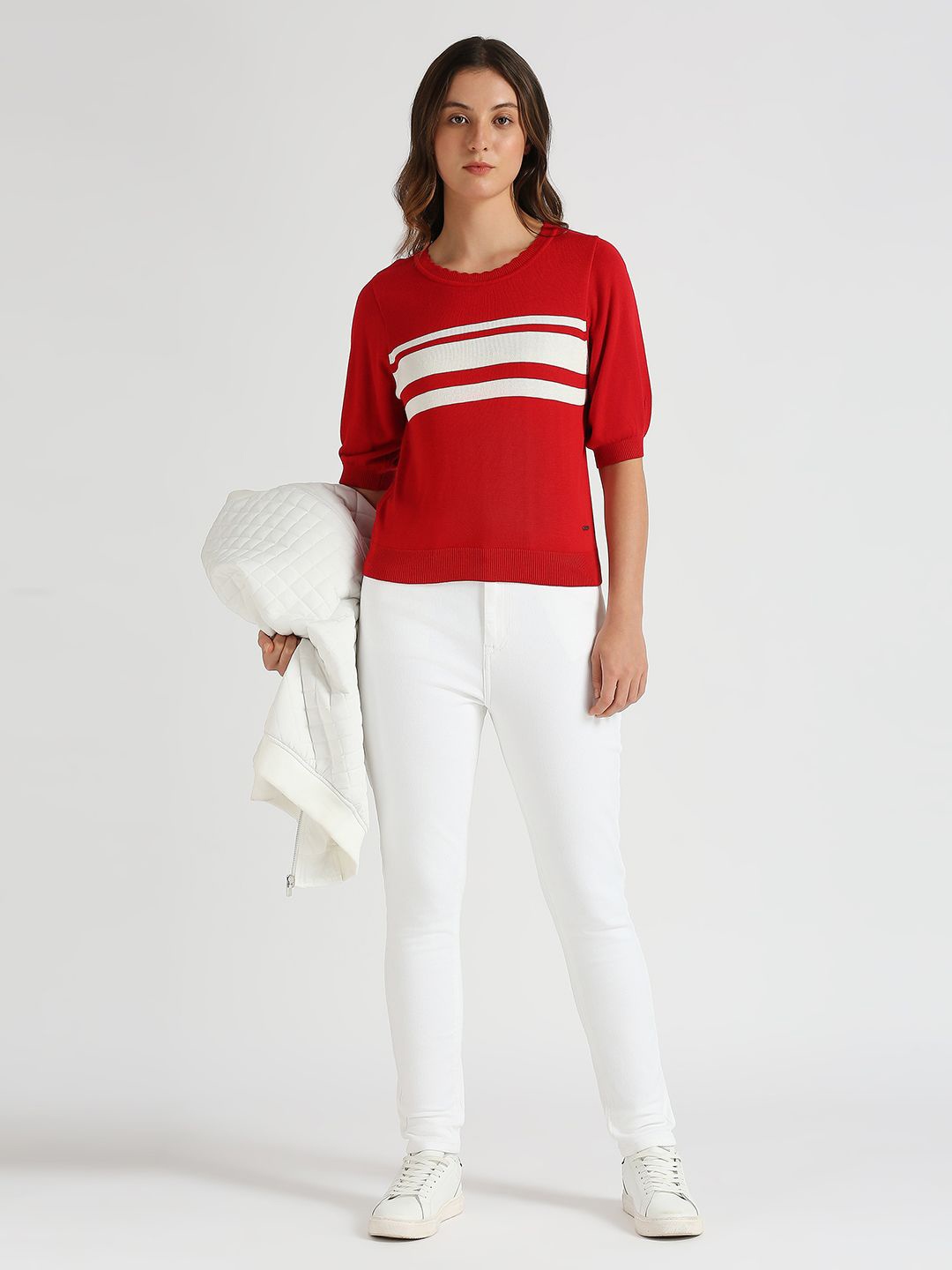 

Pepe Jeans Women Horizontal Striped Round Neck Top, Red