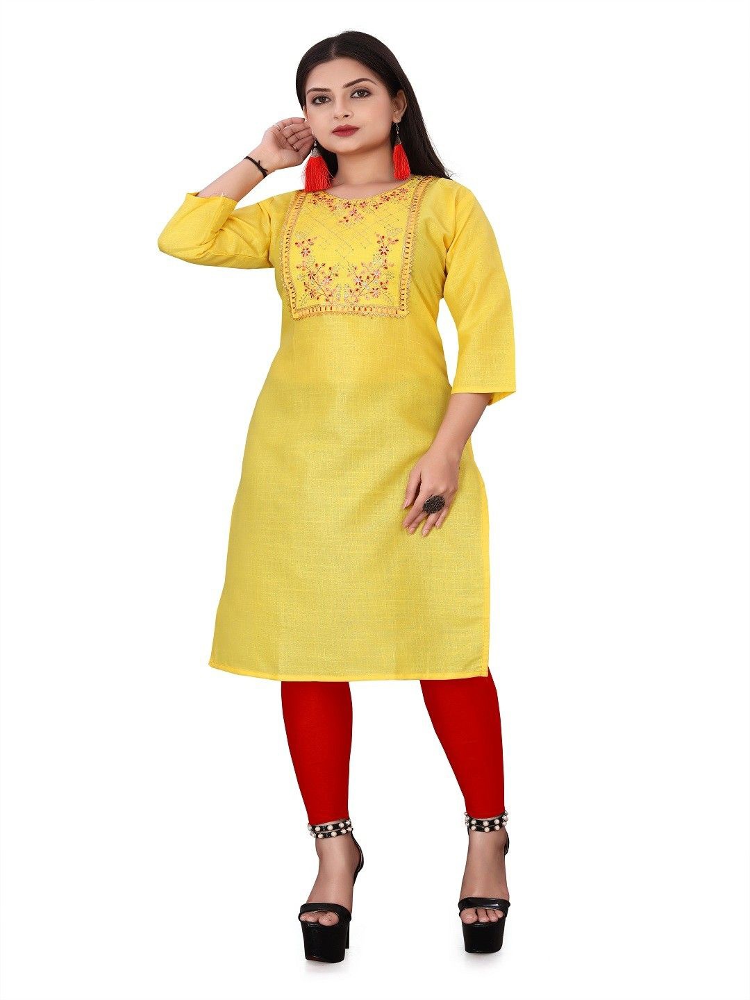 

AKK ENTERPRISE Floral Embroidered Sequinned Floral Kurta, Yellow