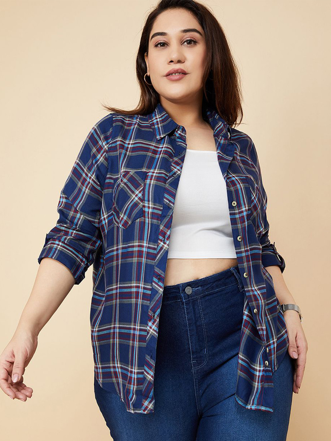 

max Women Plus Size Spread Collar Tartan Checked Casual Shirt, Blue