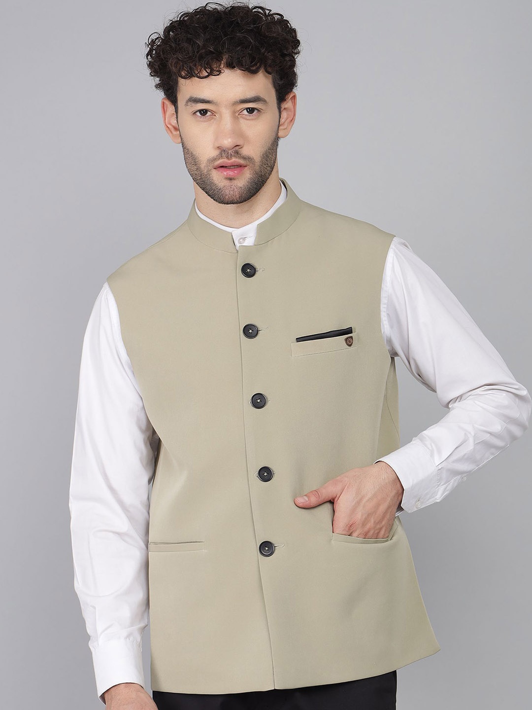 

LA'SCOOT Mandarin Collar Woven Nehru Jacket, Green