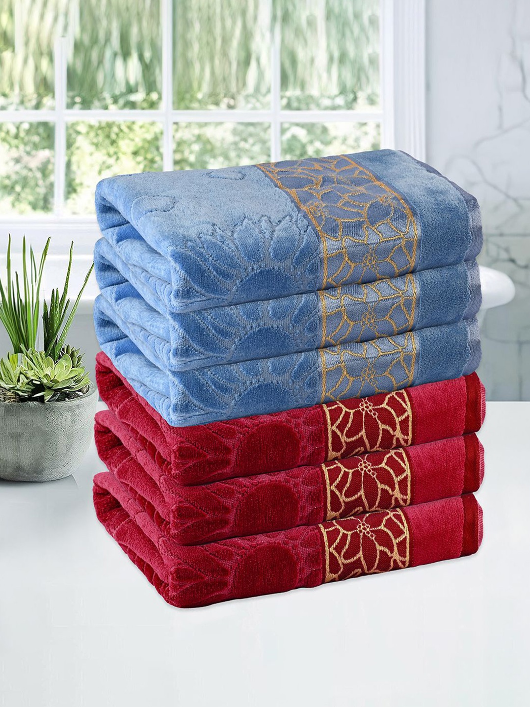 

Kuber Industries Maroon & Blue 6 Pieces Printed Cotton 450 GSM Bath Towel