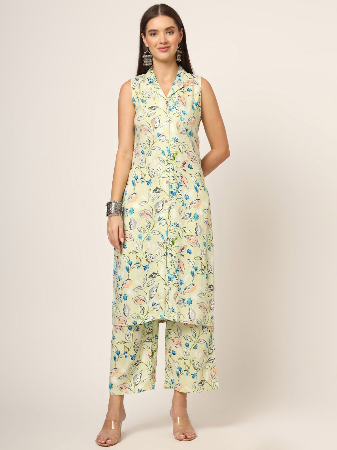

Chandbaali Floral Printed Sleeveless A-Line Kurta With Palazzo, Cream