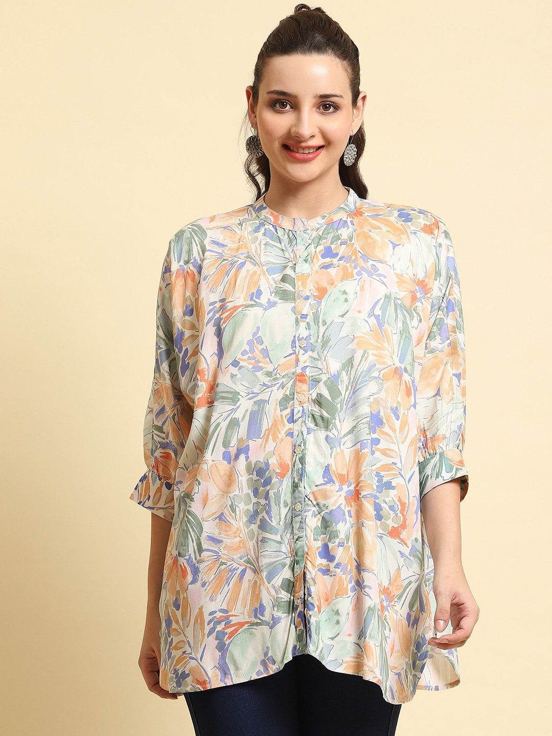 

Shree Liva Mandarin Collar Printed Tunic, White