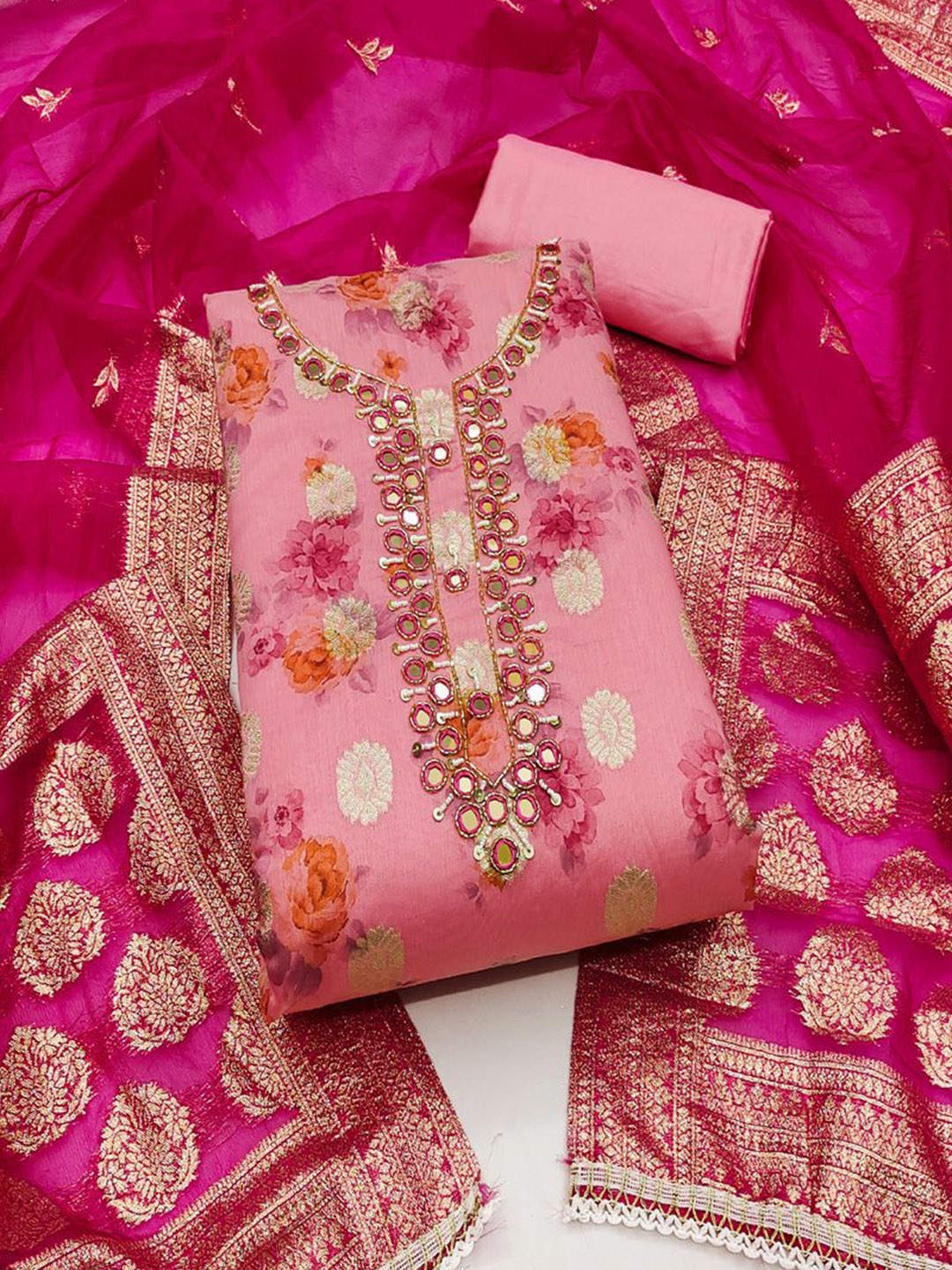 

ASISA Ethnic Motifs Woven Design Beads and Stones Unstitched Dress Material, Pink