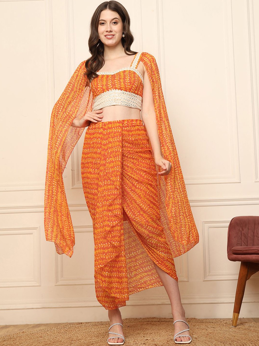 

DEEBACO Floral Printed Top With Maxi Skirt, Orange