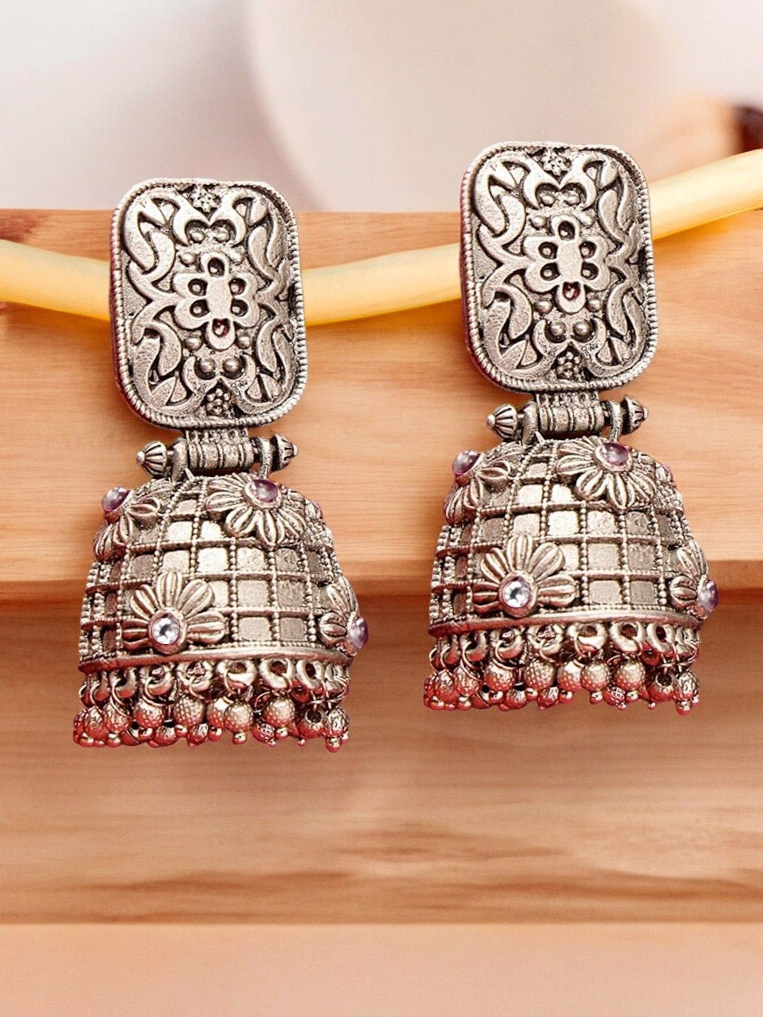 

Sangria Oxidised Stone Studded Dome Shaped Jhumkas, Silver