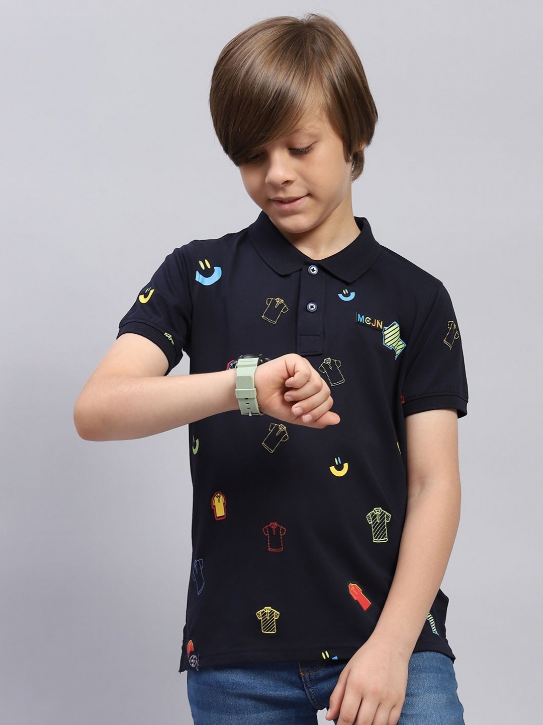 

Monte Carlo Boys Conversational Printed Polo Collar Cotton T-shirt, Navy blue