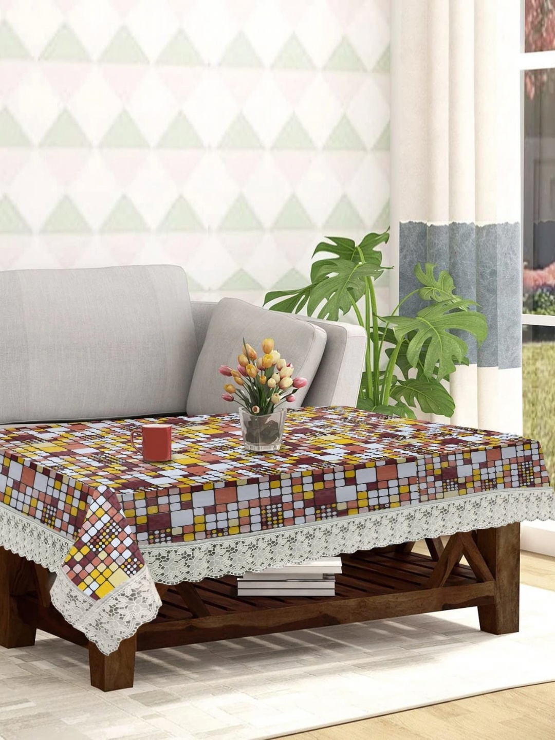 

LooMantha Brown & Yellow Geometric Printed 4 Seater Table Cover