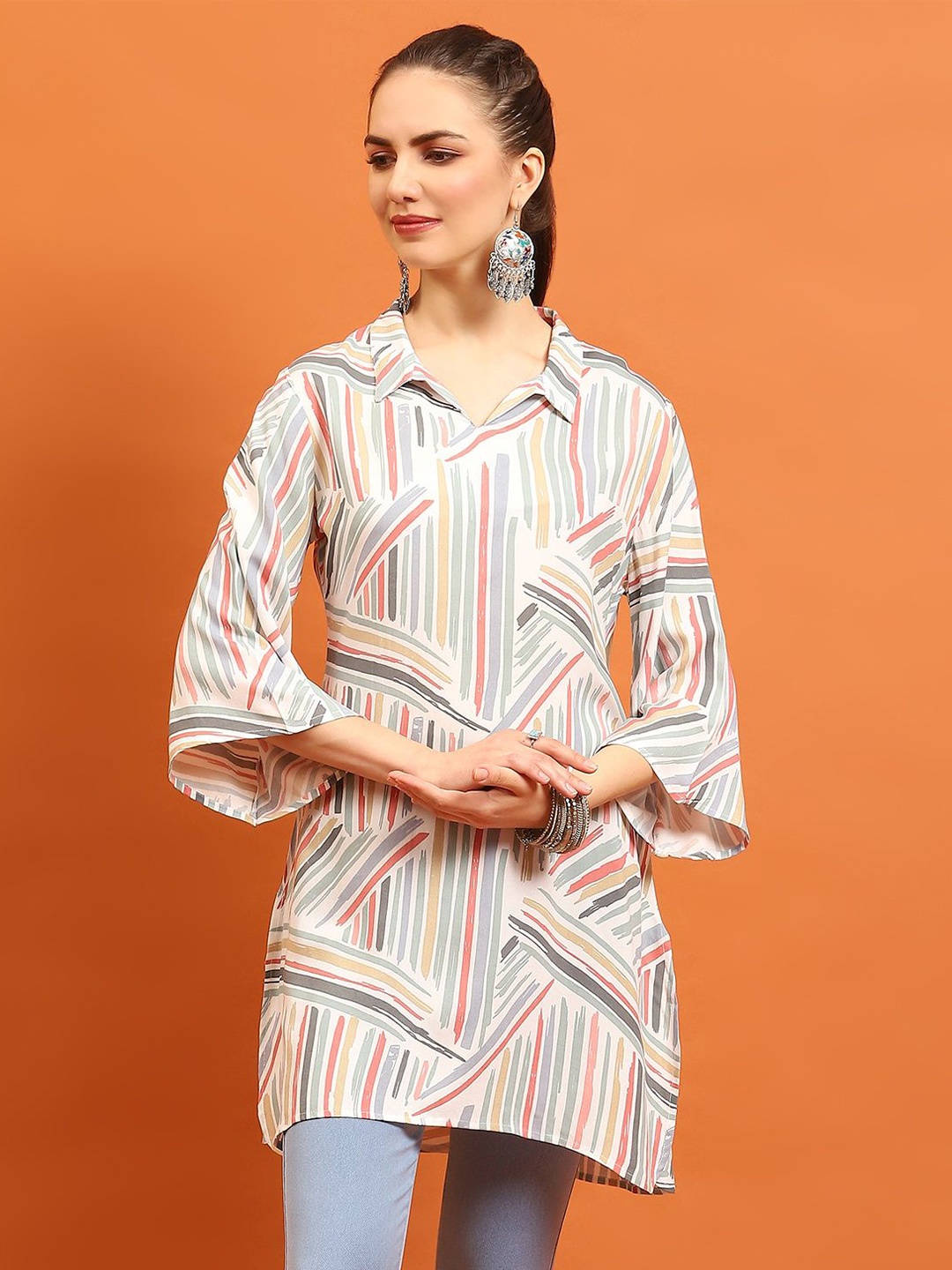 

Shree Liva Shirt Collar Printed Tunic, White