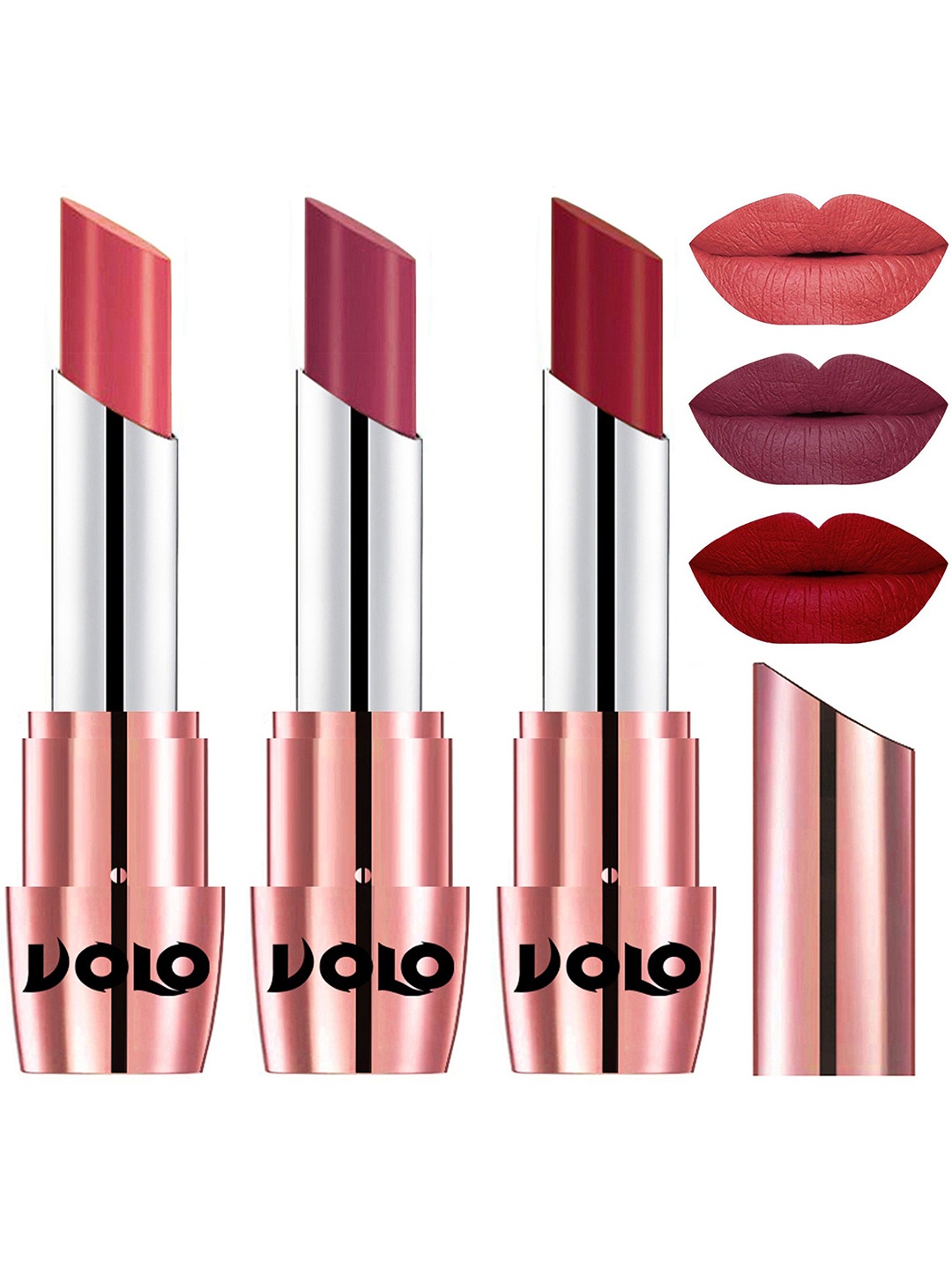 

VOLO Set Of 3 Creme Matte Lipsticks - 3.5g Each - Red 637 -Dark Peach 638 - Rose Pink 643