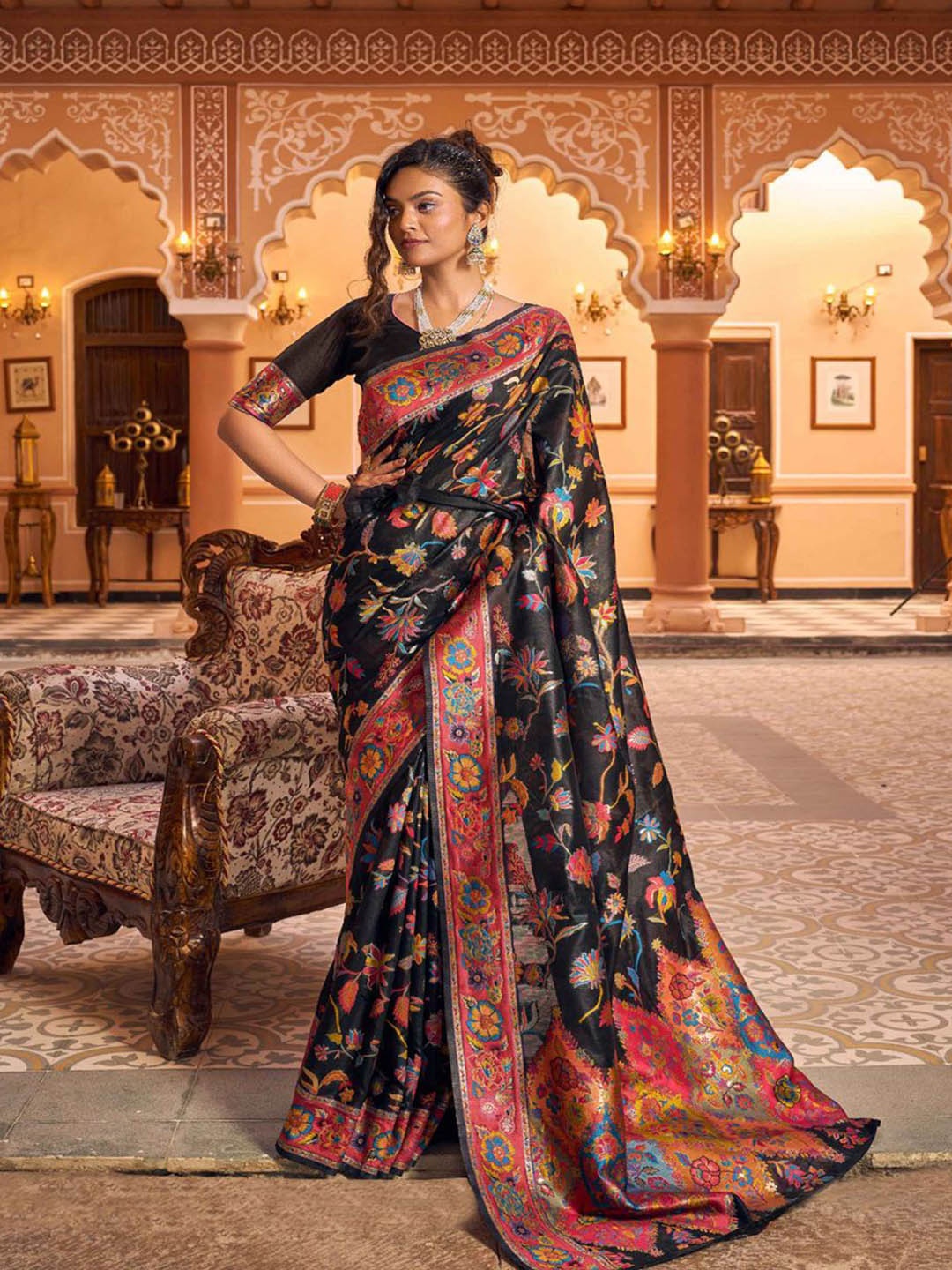 

Krimmple Woven Design Zari Saree, Black