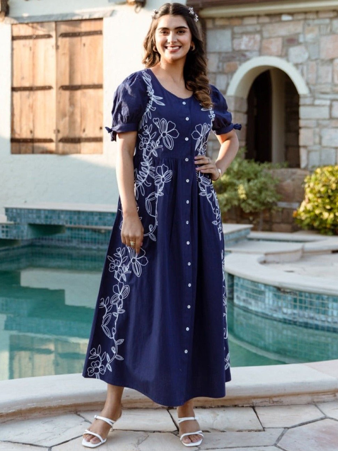 

AUTUMN LANE Women Embroidered Floor-Length Cotton Ethnic Dress, Blue