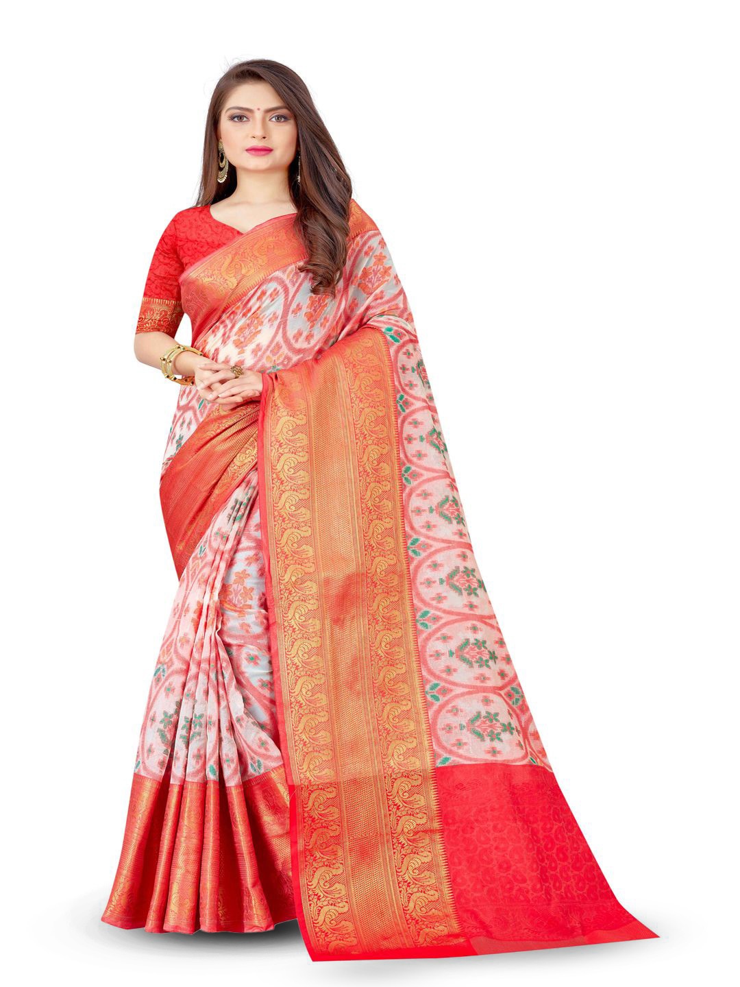 

Krimmple Woven Design Zari Pure Cotton Saree, Red