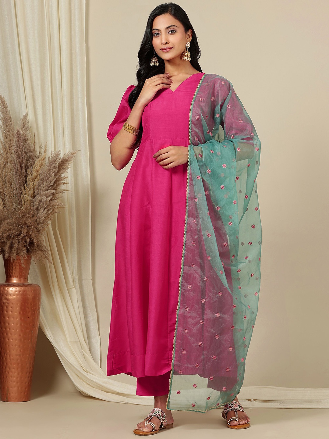 

Inddus Pink V-Neck Puff Sleeves A-Line Kurta with Trousers & Dupatta