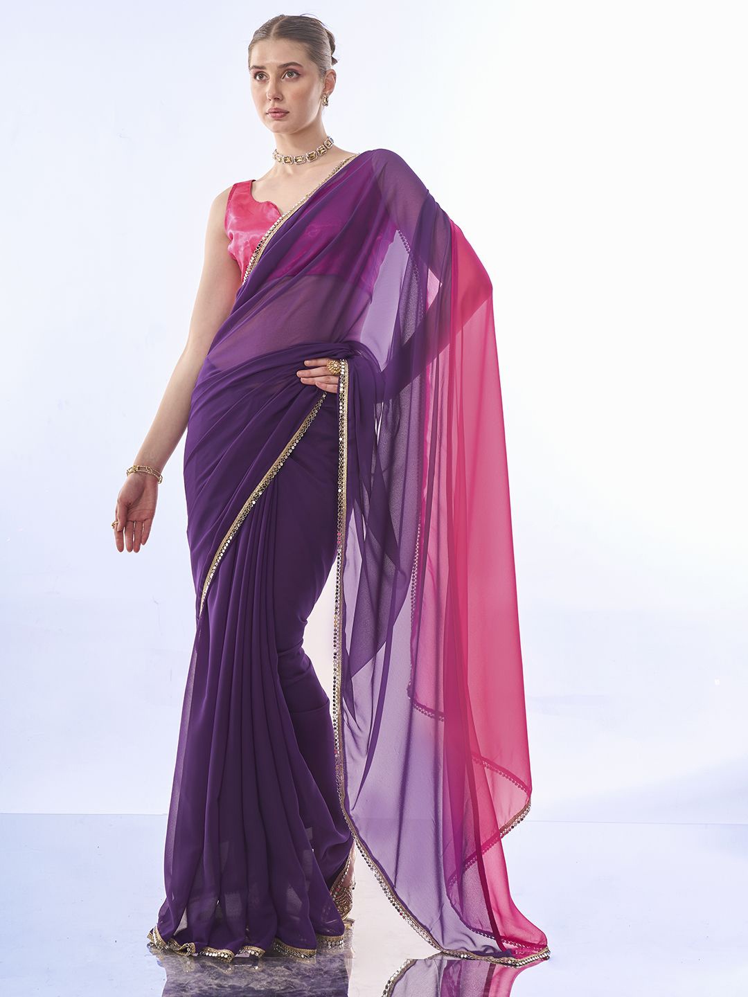 

Kalista Colourblocked Mirror Work Pure Chiffon Ready to Wear Saree, Pink