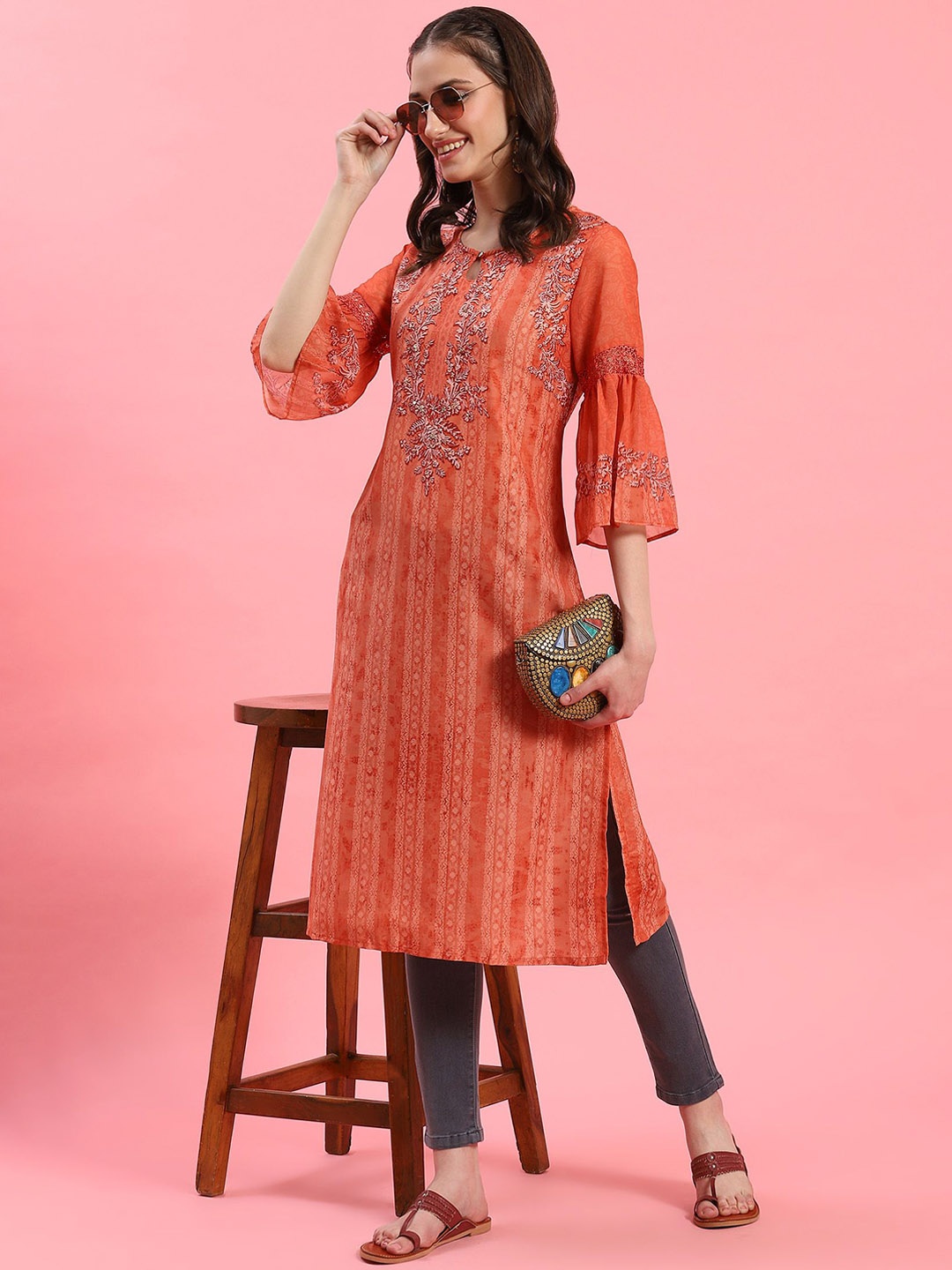 

Shree Floral Printed Keyhole Neck Bell Sleeves Straight Kurta, Orange