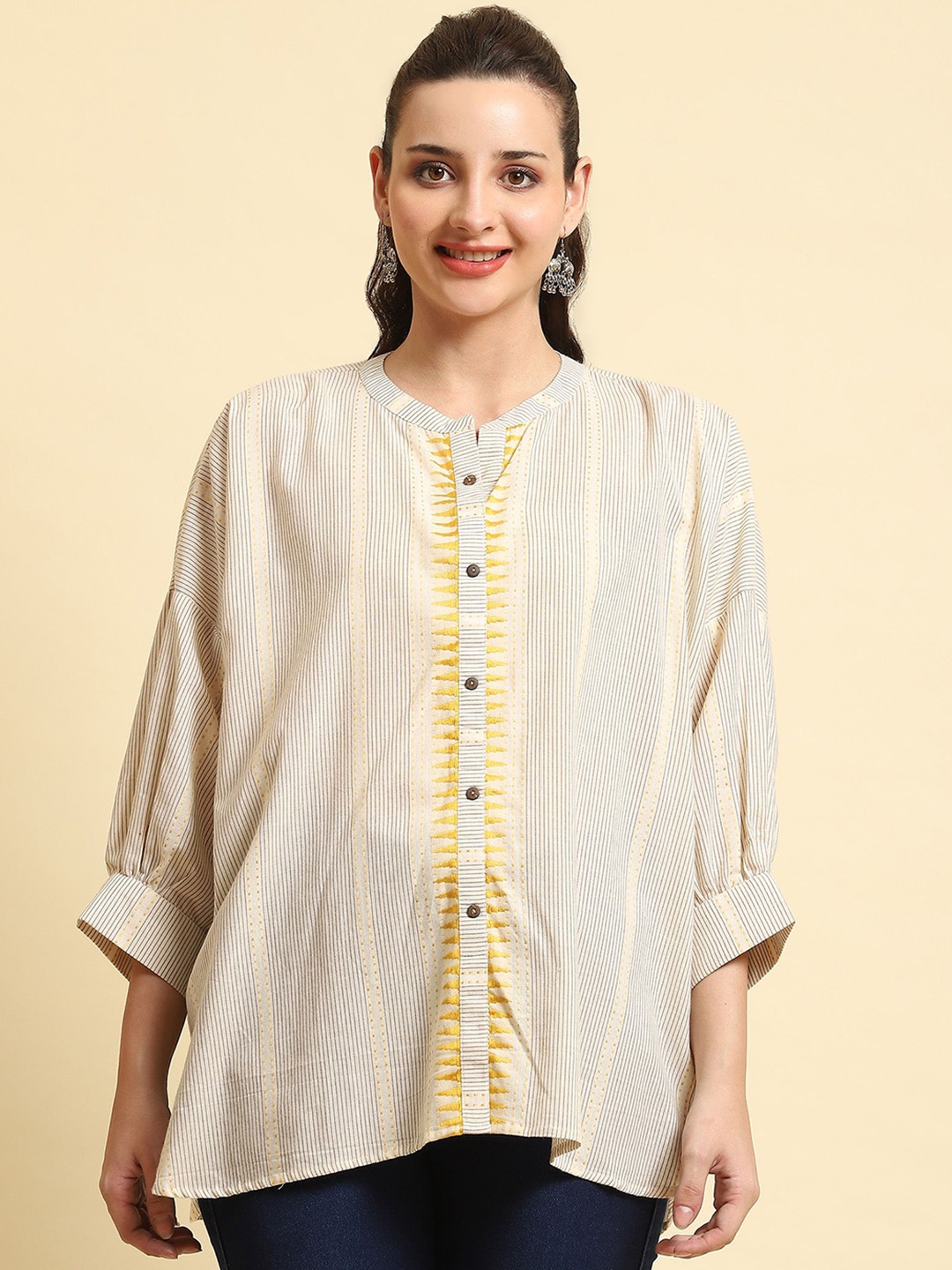 

Shree Striped Printed Round Neck Puff Sleeves Cotton Kurti, Off white