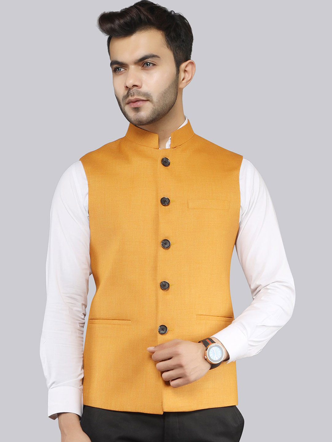 

LA'SCOOT Mandarin Collar Woven Linen Nehru Jacket, Mustard