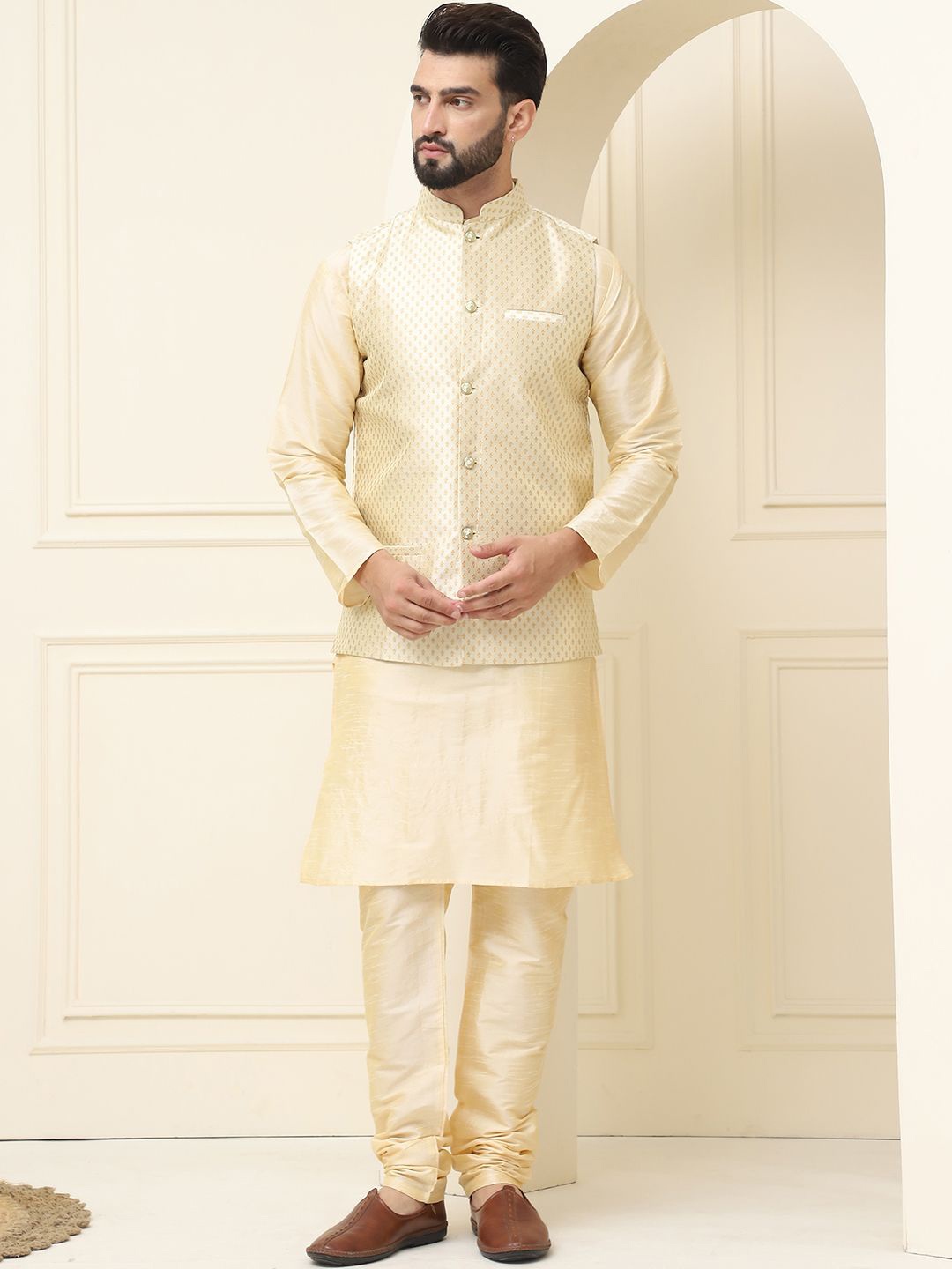 

SOJANYA Mandarin Collar Silk Cotton Kurta With Churidar & Woven Design Nehru Jacket, Cream