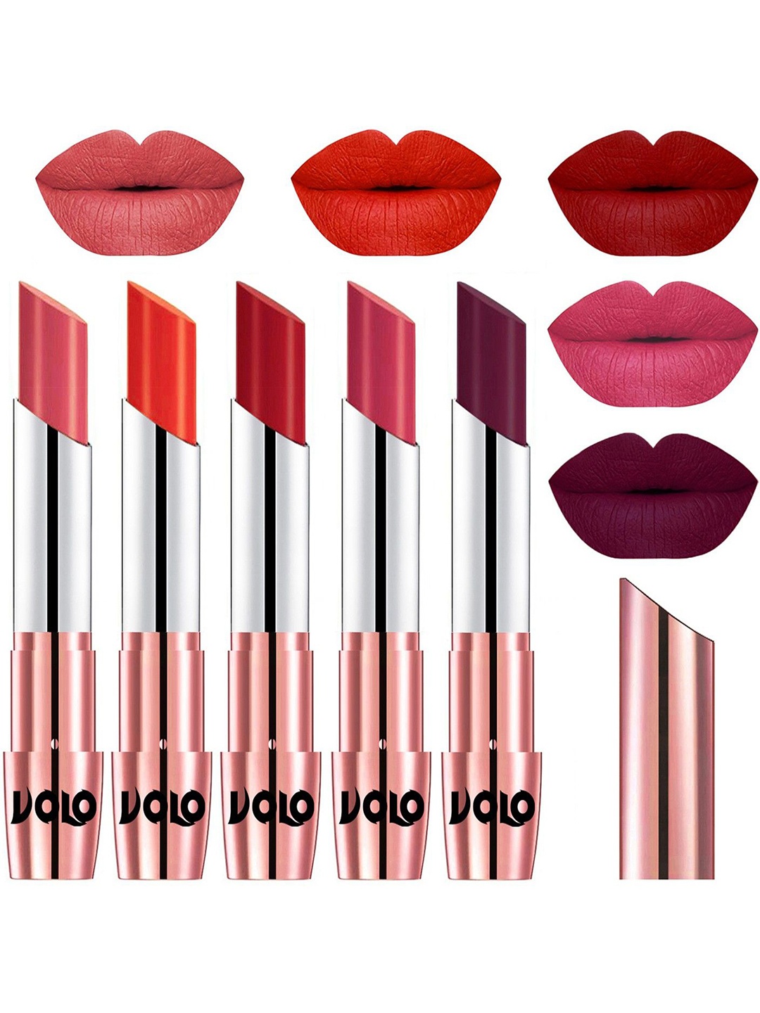 

VOLO Set Of 5 Creme Matte Lipstick-3.5g Each -Dark Peach- Coral- Tomato Red- Pink- Wine, Multi