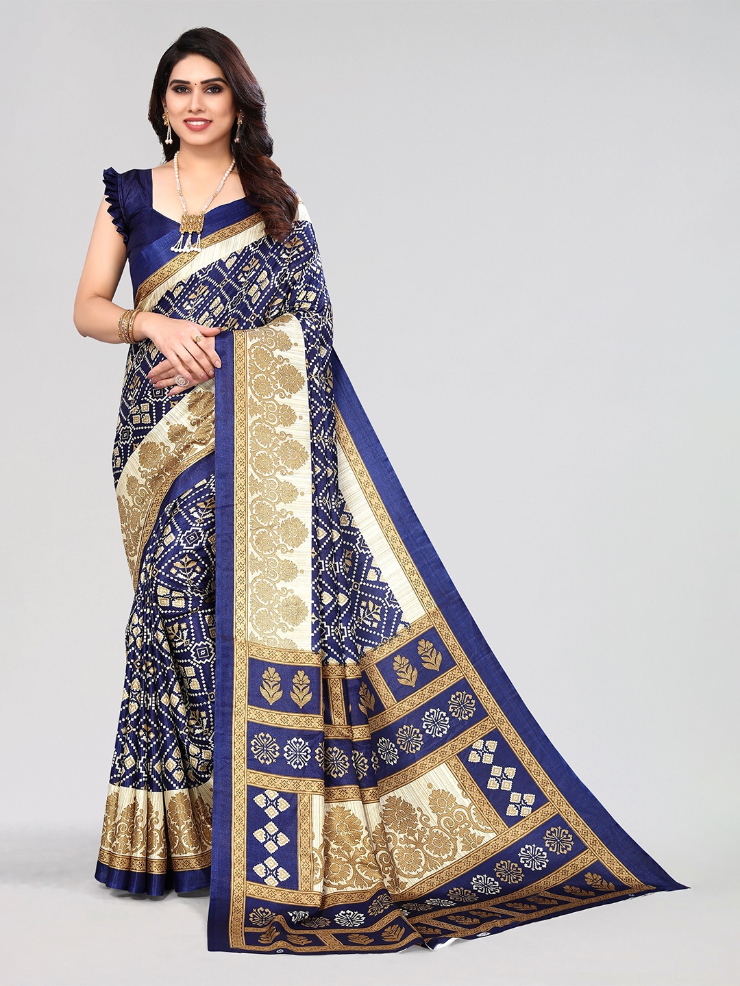 

VIRICA Ethnic Motifs Printed Festive Saree, Navy blue