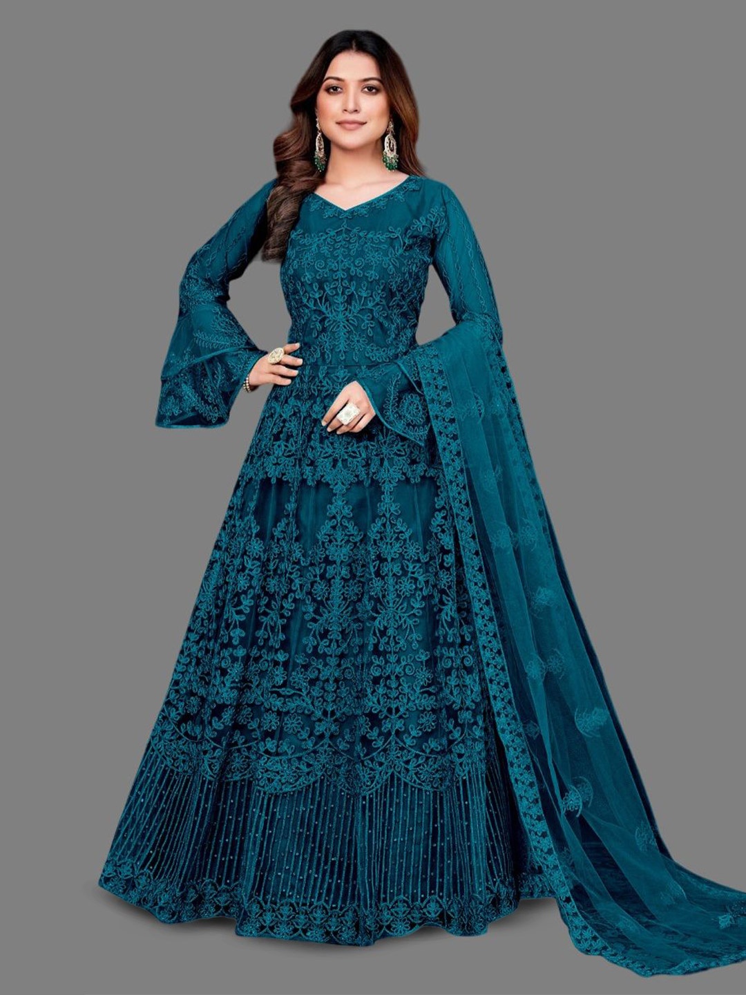 

LADY SHOPI Women Floral Embroidered Bell Sleeve Net Fit & Flare Maxi Dress, Teal