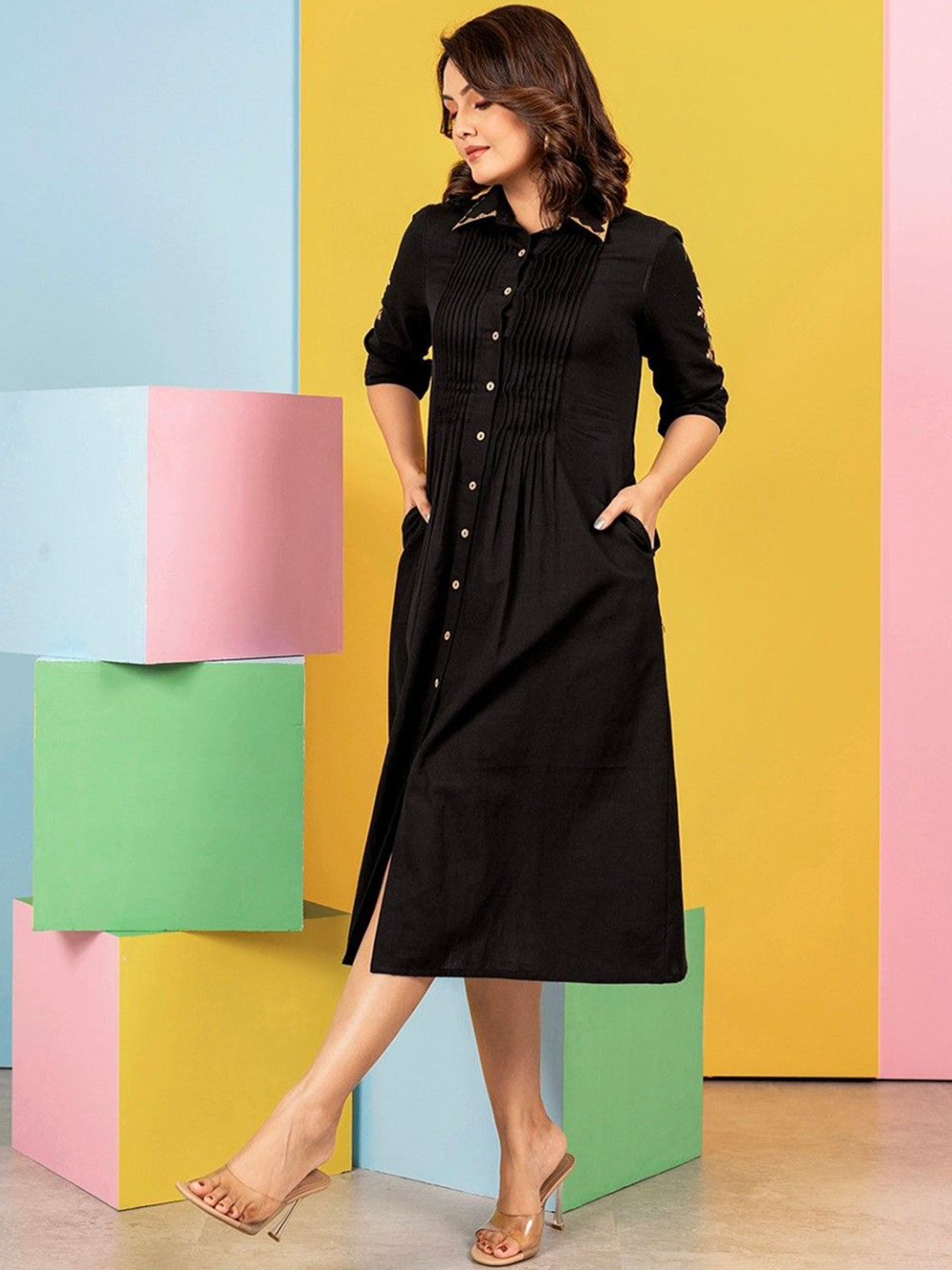 

AUTUMN LANE Women Embroidered A-Line Midi Ethnic Dresses, Black