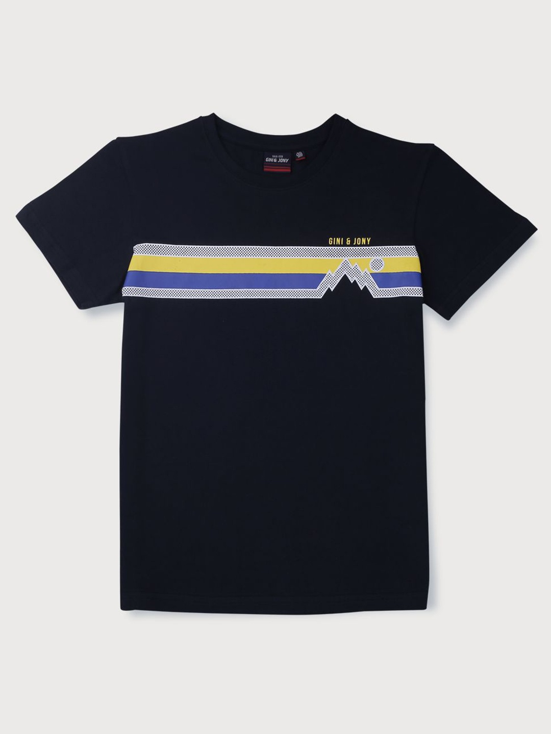 

Gini and Jony Boys Striped Printed Round Neck Cotton T-shirt, Navy blue