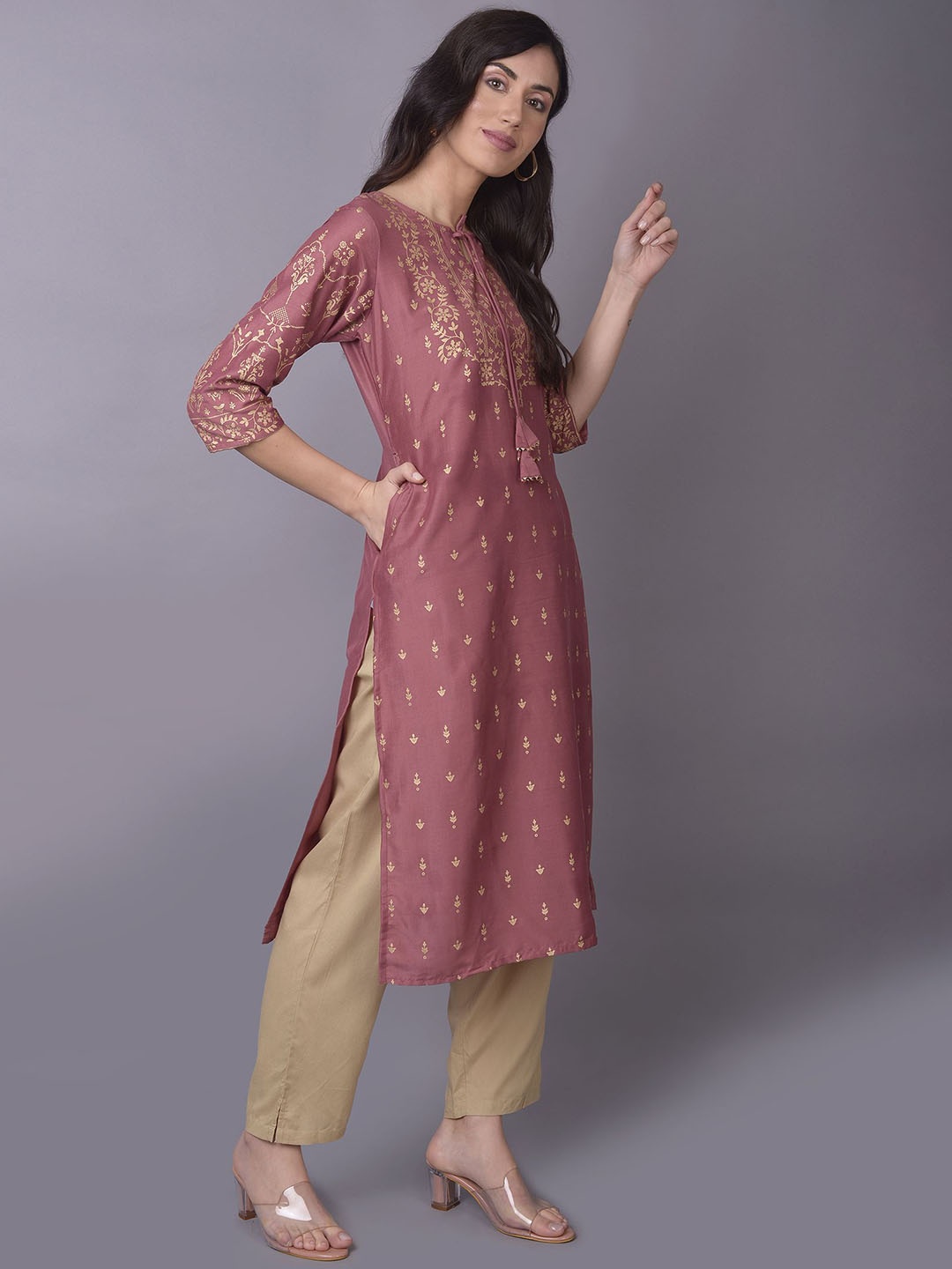 

Shree Floral Printed Tie Up Neck Straight Kurta, Coral