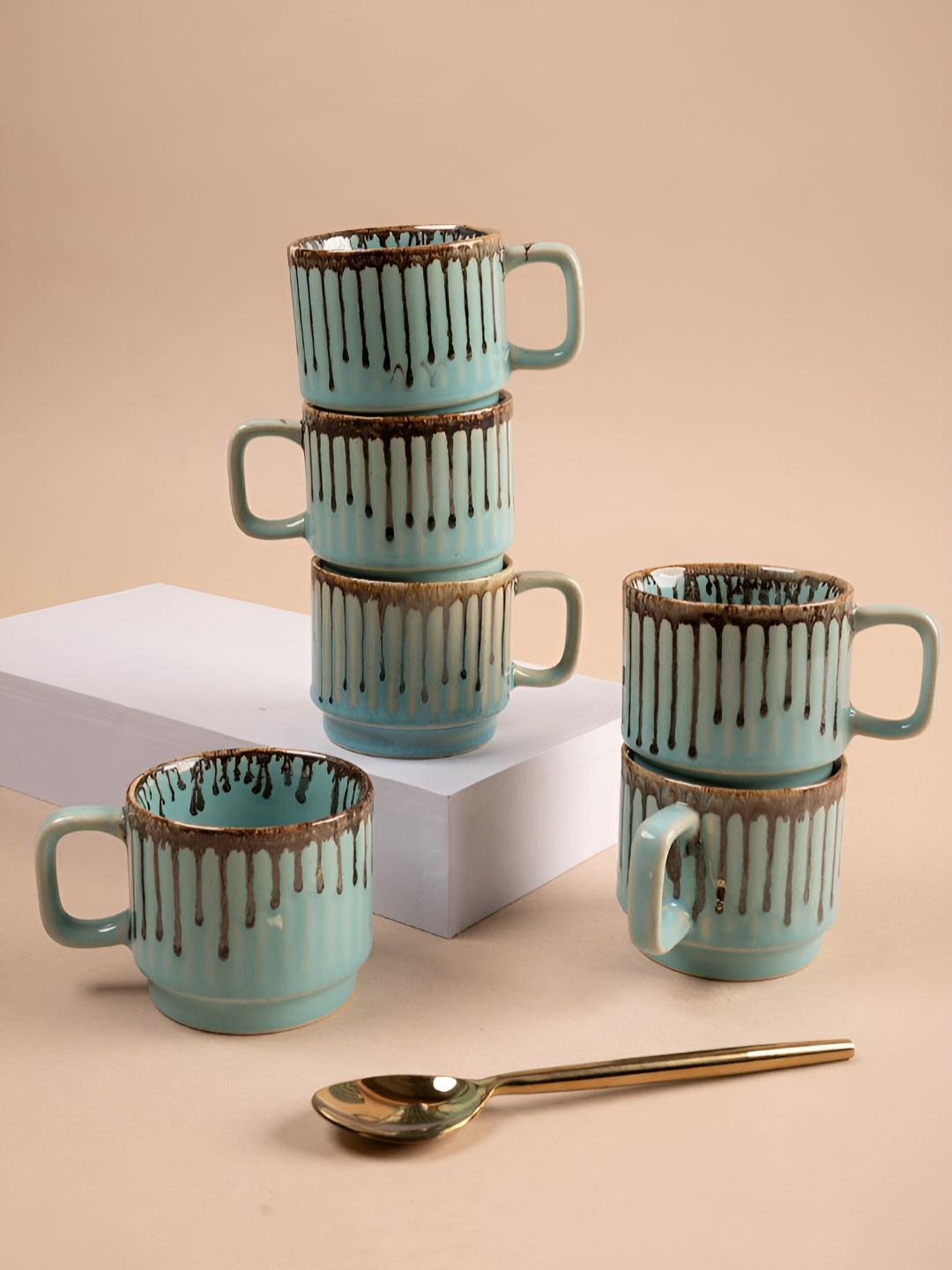 

ARAVALII Turquoise Blue & Brown 6 Pieces Printed Cups 150ml Each