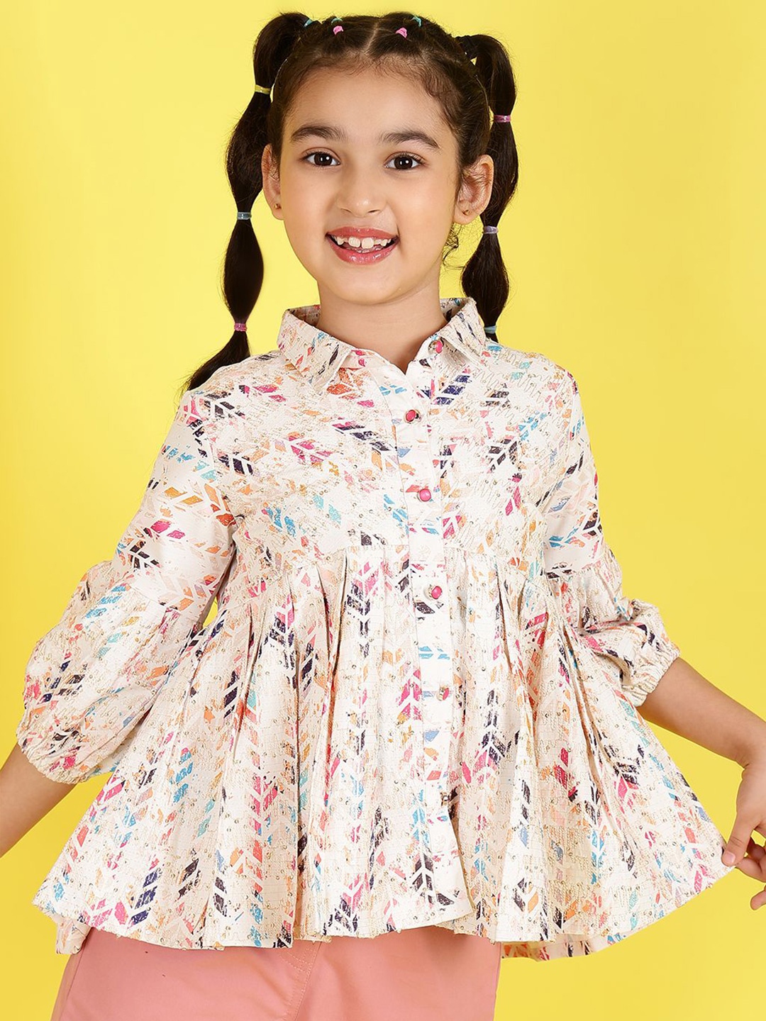 

BAESD Girls Abstract Printed Shirt Collar Top, Beige