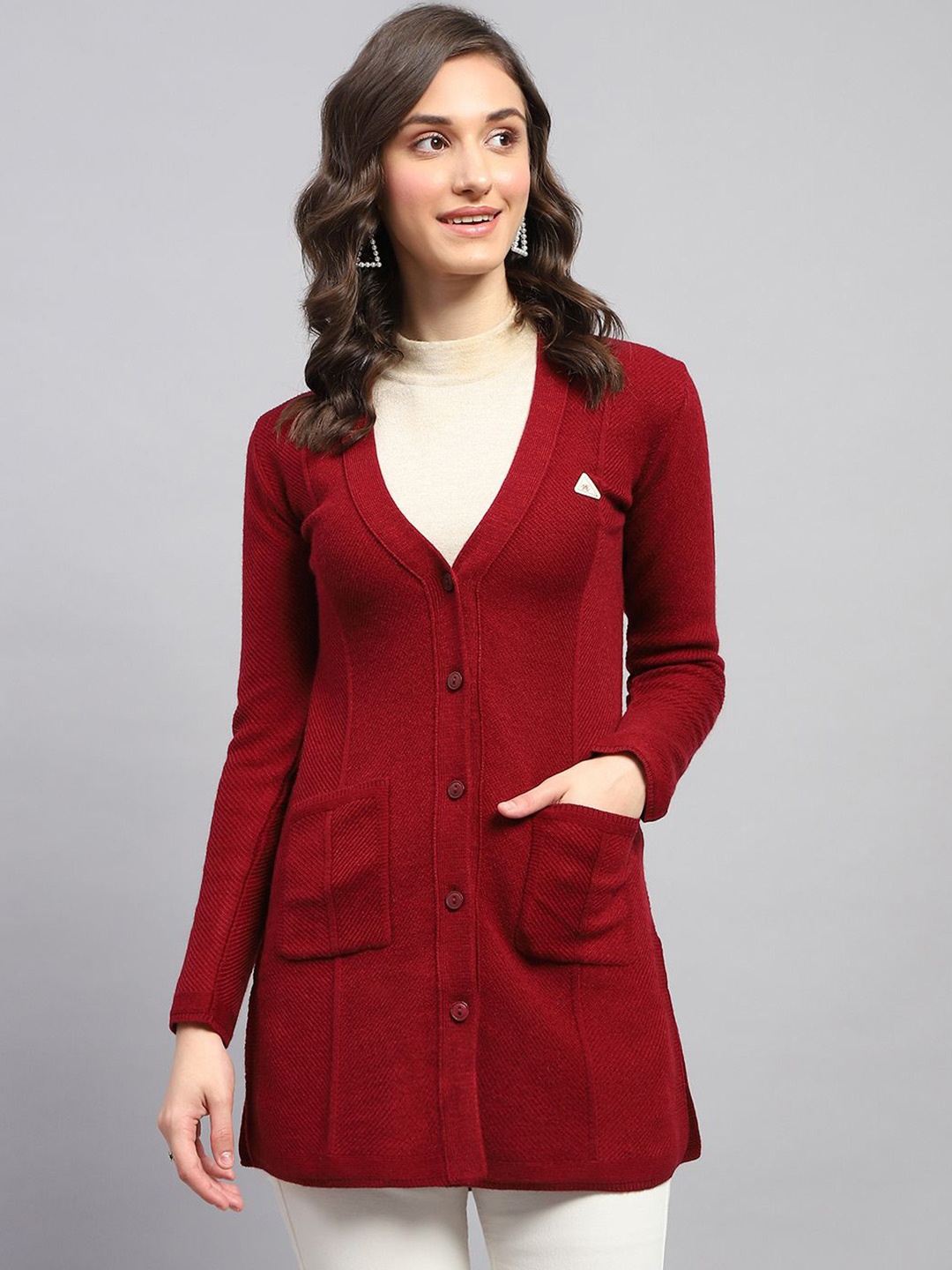 

Monte Carlo Women Woollen Longline Cardigan, Red